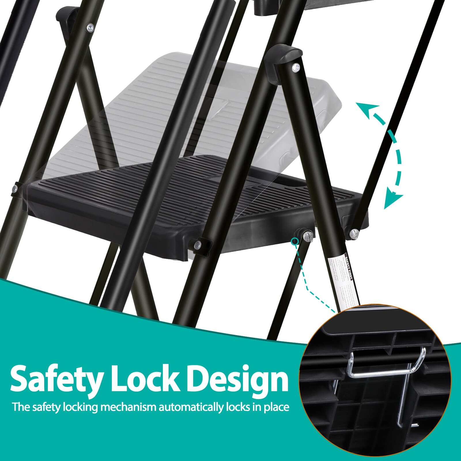 5 Step Ladder w/Tool Tray Folding Step Stool Wide Anti-Slip Pedal Handgrip Black 5