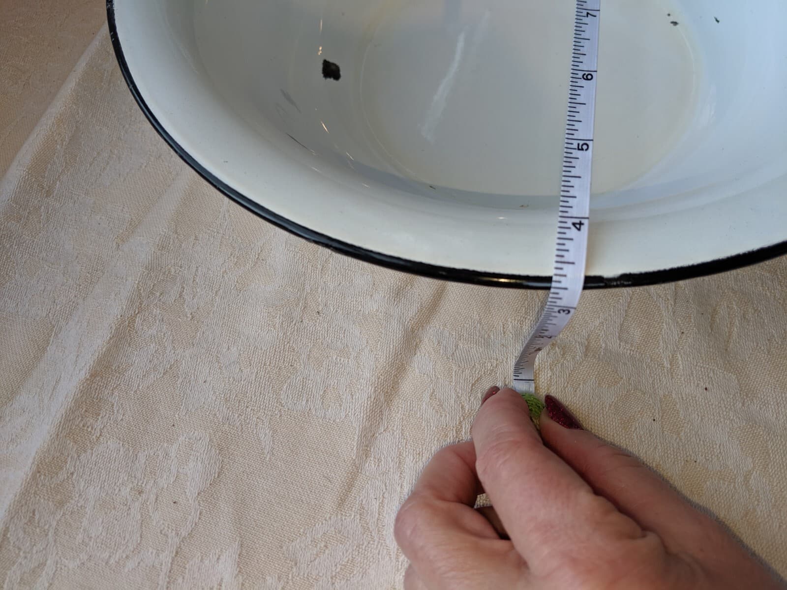 Vintage enamel metal Bowl 12" white black 6