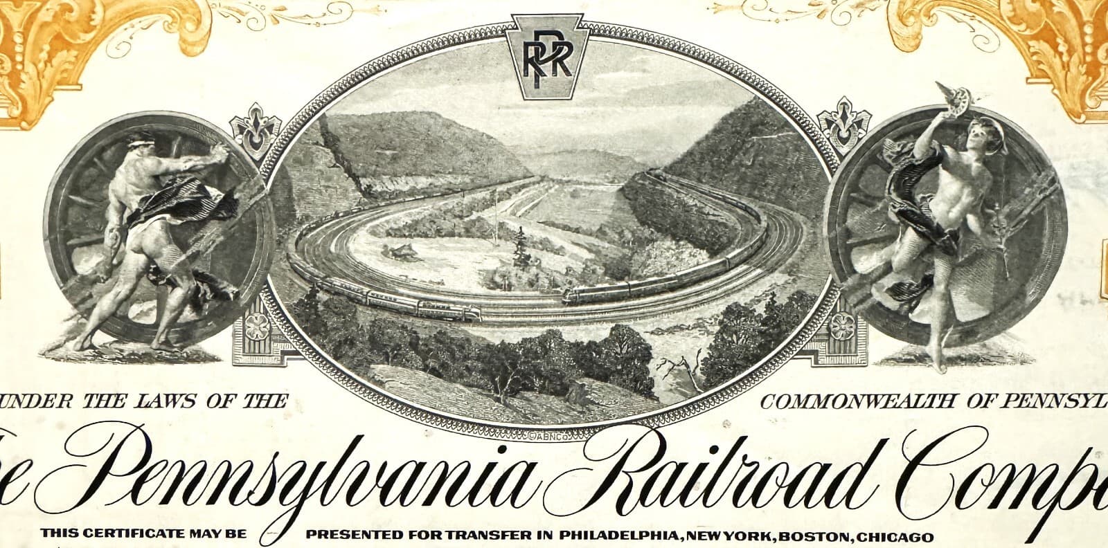 Vintage 1950s - 1960s Pennsylvania Railroad Stock Certificate, Horseshoe Curve O