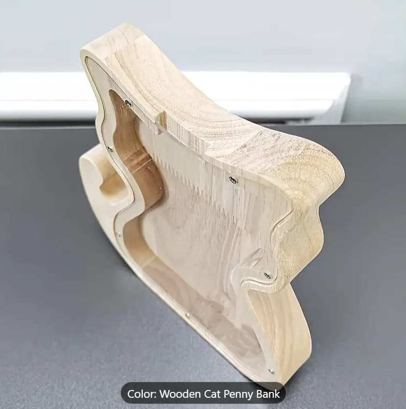 Wooden Cat-Animal Shaped Penny Bank with Clear Glass Lid Home Decor Gift 4