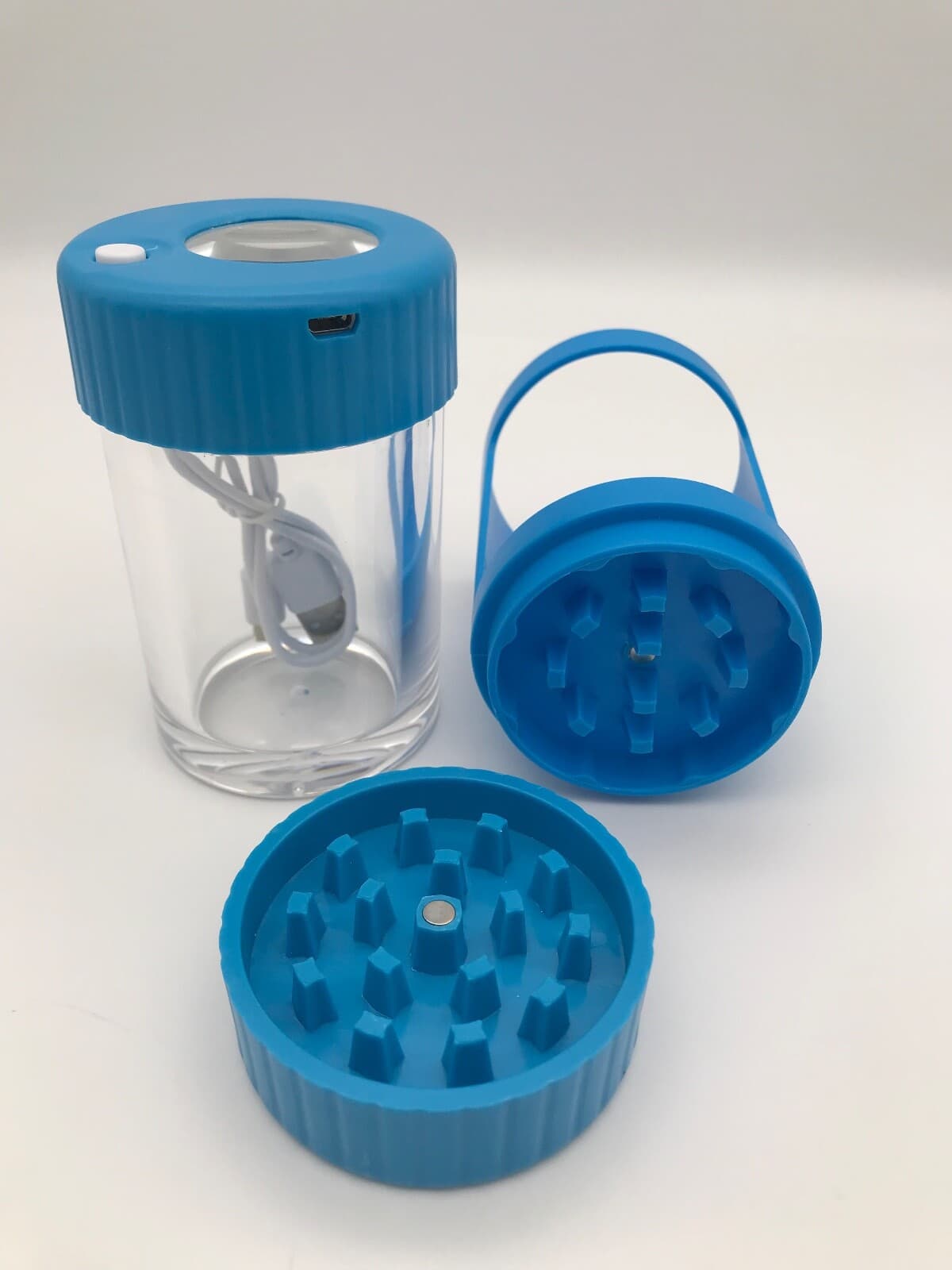 BLUE Manual Spice Herb Grinder with Light-Up Storage Jar / Magnifying Lid USB 3