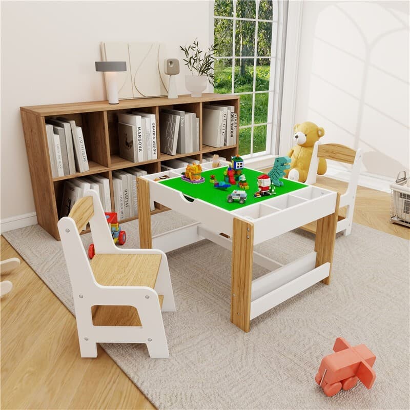Kids 2 in 1 Play Table & Chairs Set w/ Storage & LEGO Compatible Building Block 2
