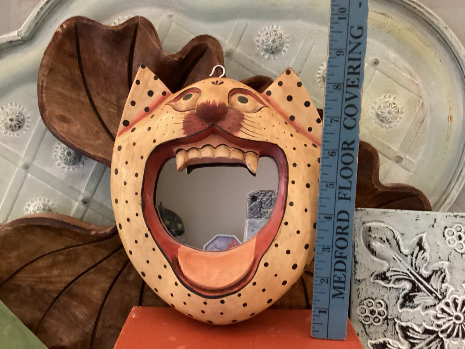 Indonesian Balinese Wood Polka Dot Cat Mouth Mirror Folk Art Kitty Wall Mirror 4