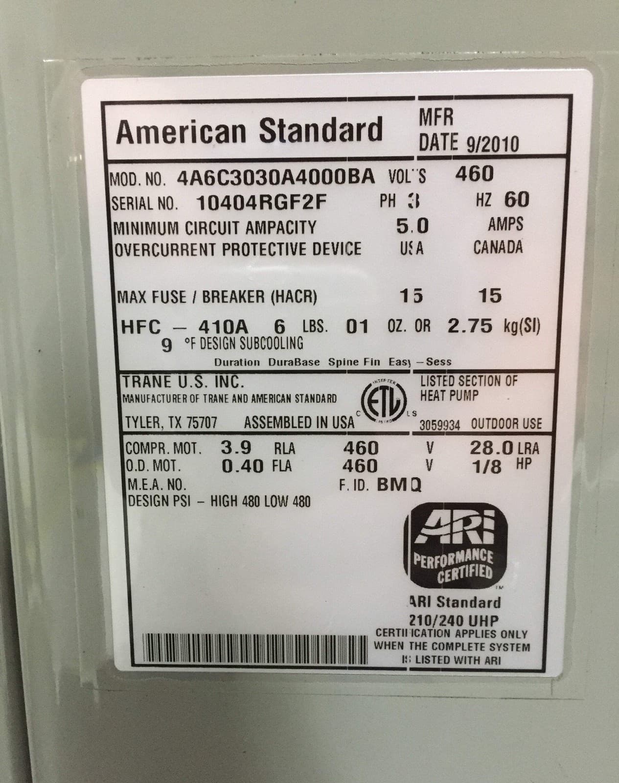 AMERICAN STANDARD 4A6C3030A4000B Commercial 2.5 Ton Split System Heat Pump 2