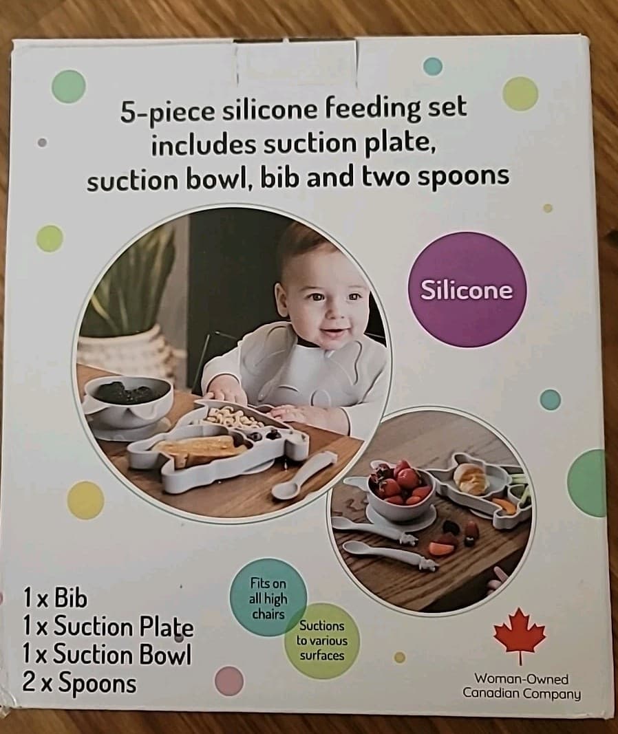 5 Piece Silicon Baby Feeding Set French Bulldog  Bowl Bib Plate 2 Spoons Torn Bx 3