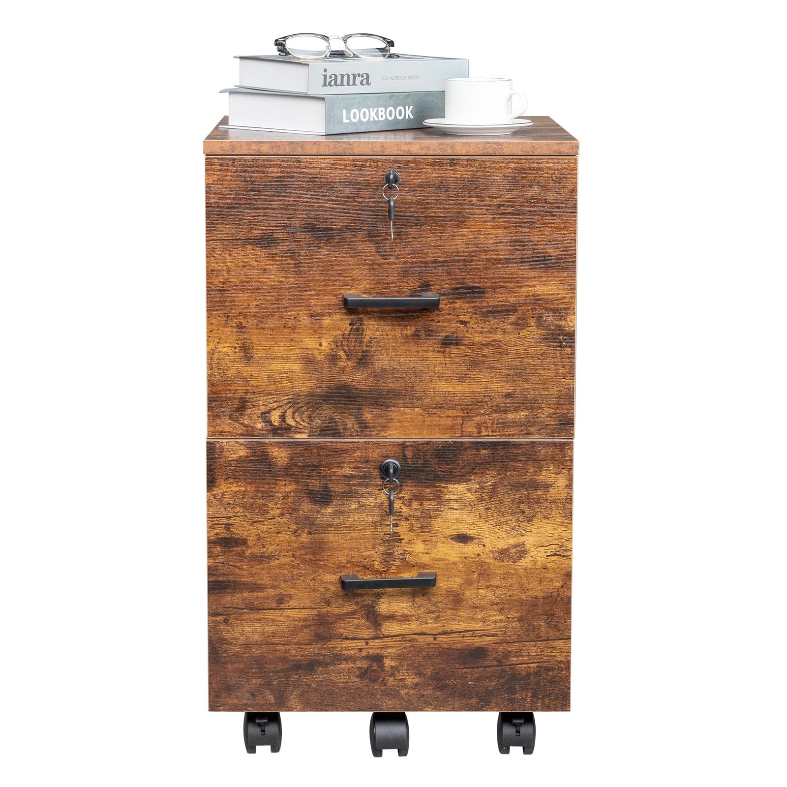 2 Drawer Rolling File Cabinet with Lock Wood Under Desk Filing Cabinet Brown 4