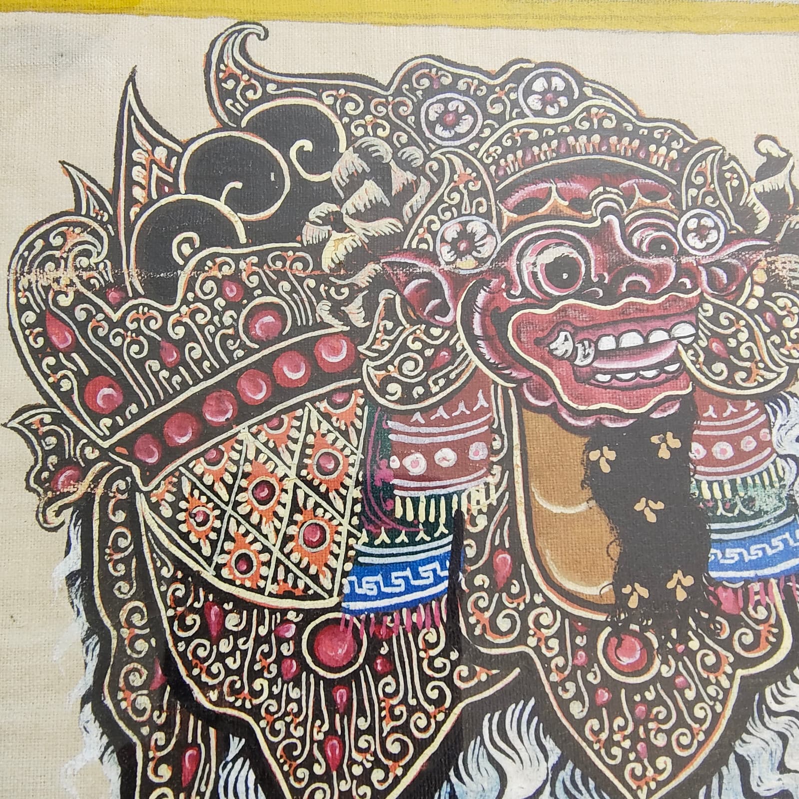 Vintage Bali Balinese Barong Dance Painting on Cloth Framed Folk Art 11" x 12" 3