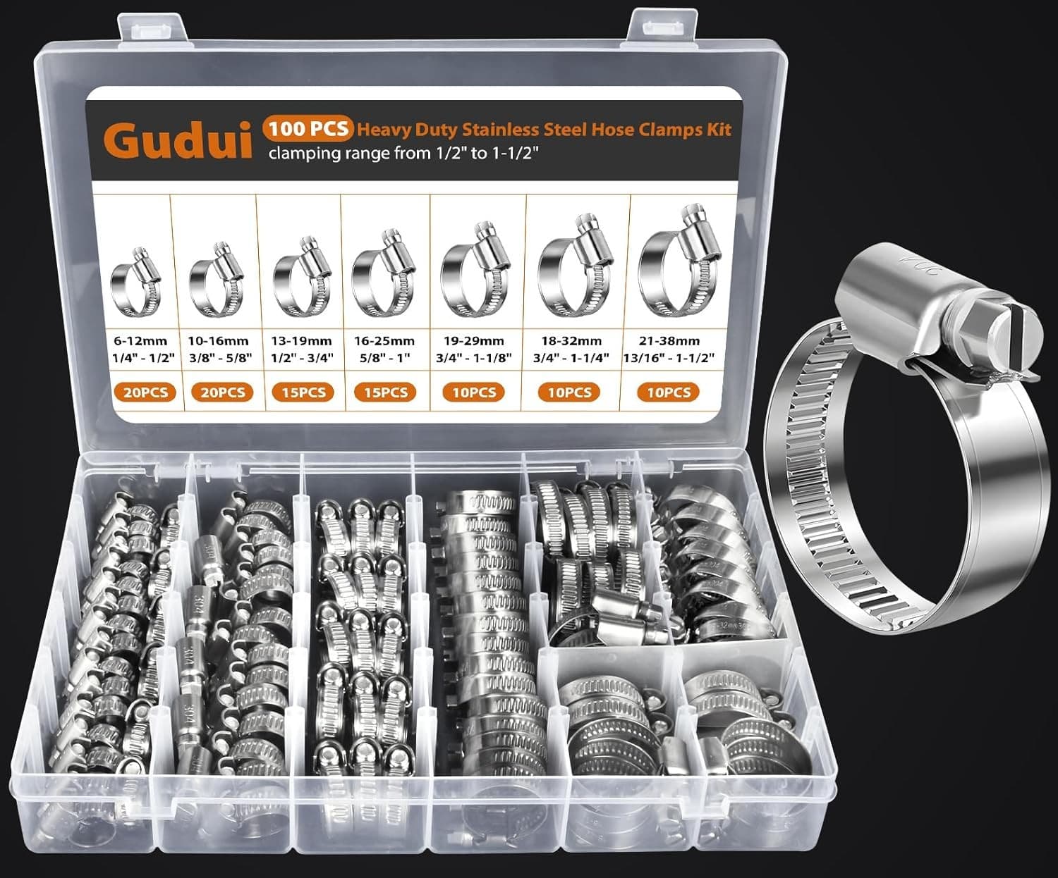 100 PCS Heavy Duty Stainless Steel Hose Clamps Assortment Kit 1/4"- 1-1/2"(6-38M