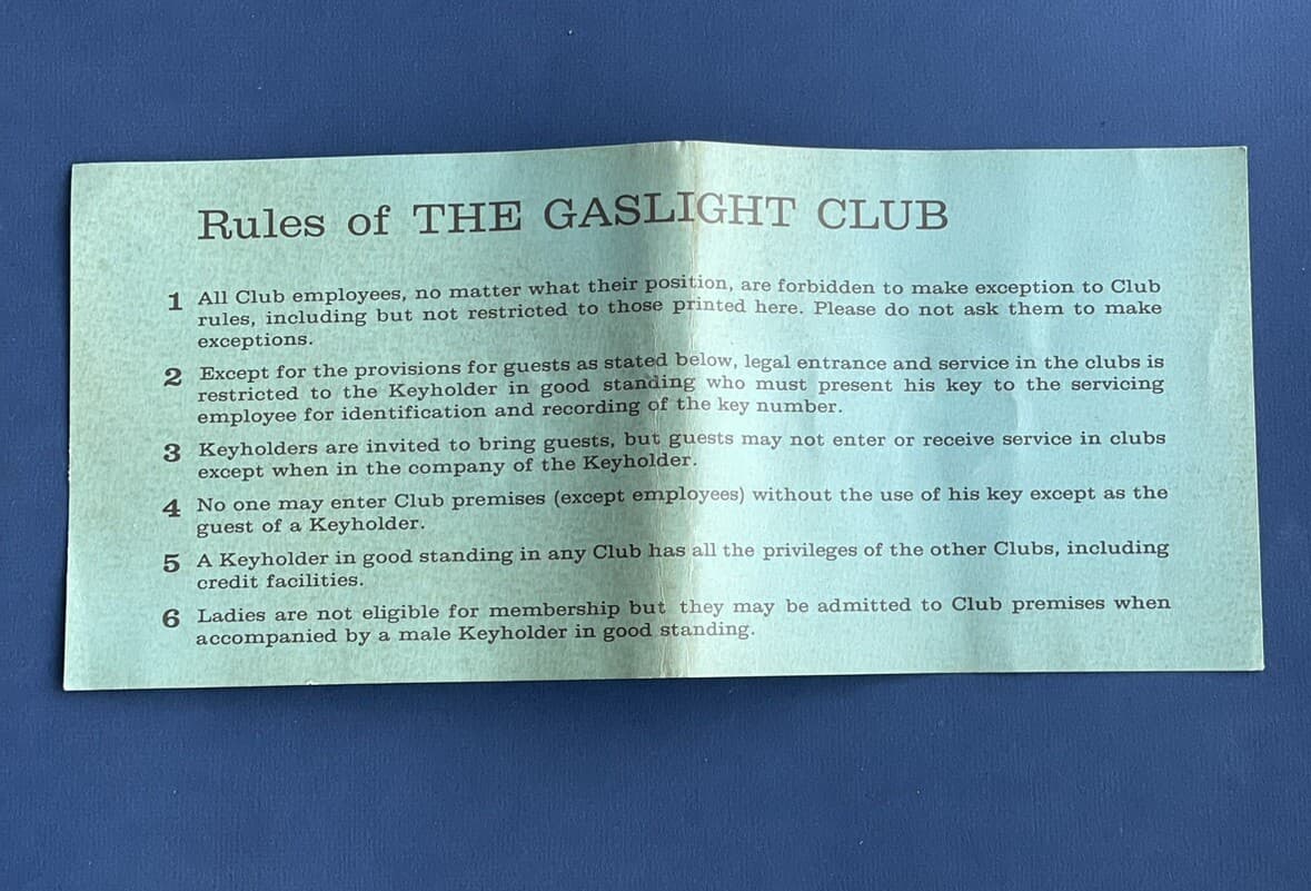 VTG GASLIGHT CLUB KEY CARD RULES (no Key) PARIS-NYC-CHGO-LA-DC 3