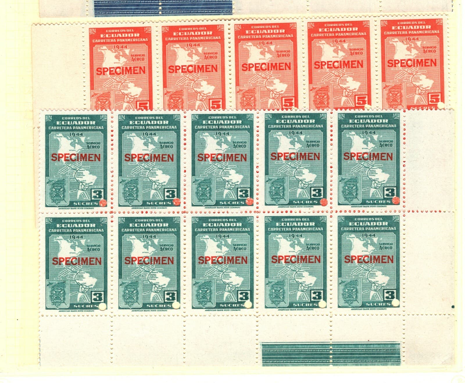 ECUADOR AIR MAIL Stamps{30} 1944 SPECIMEN 3s-10s High Values MAPS Blocks UM MB28 4