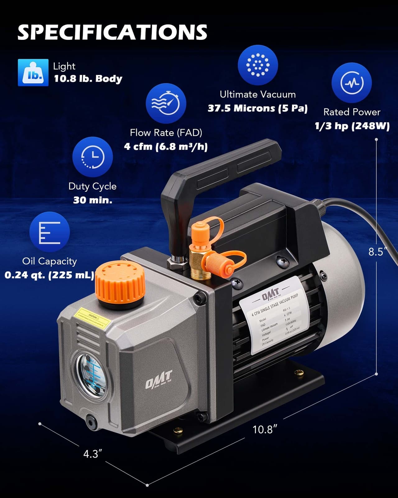 OMT Combo 1/3HP 4CFM Air Vacuum Pump MANIFOLD GAUGE Set HVAC AC Refrigerant Kit 4