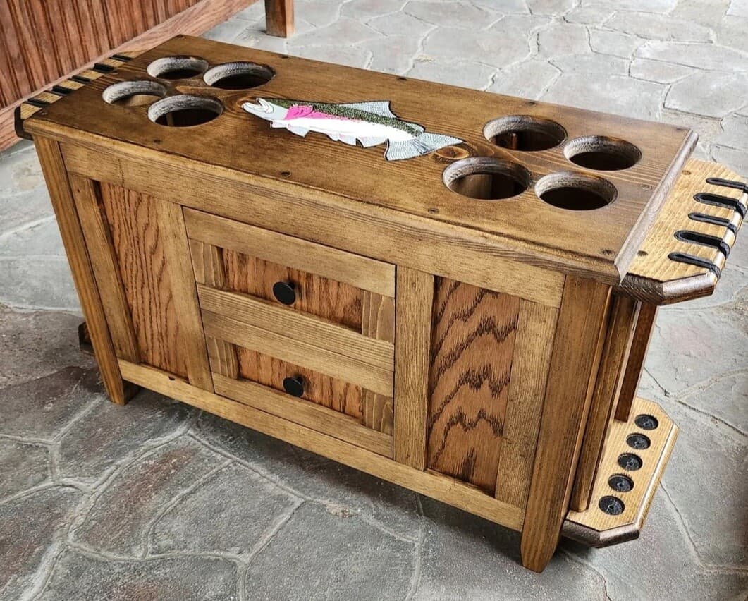 ROD & REEL CABINET with SIDE ROD RACKS fly fishing rods SALTWATER reels lures