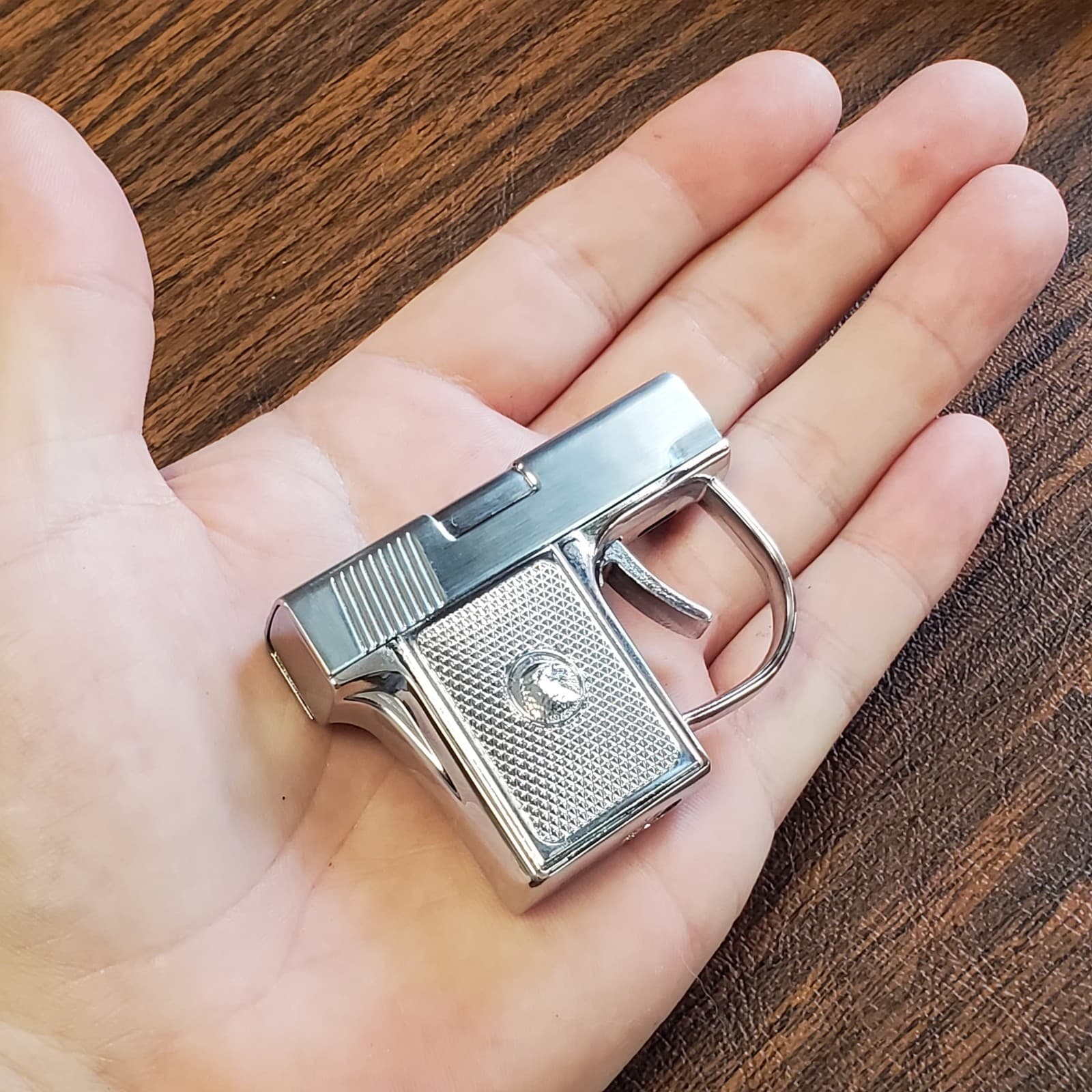 Pistol Shaped Gun Lighter FIRE Stainless Color METAL, Mini Zip Gun -USA SHIP New