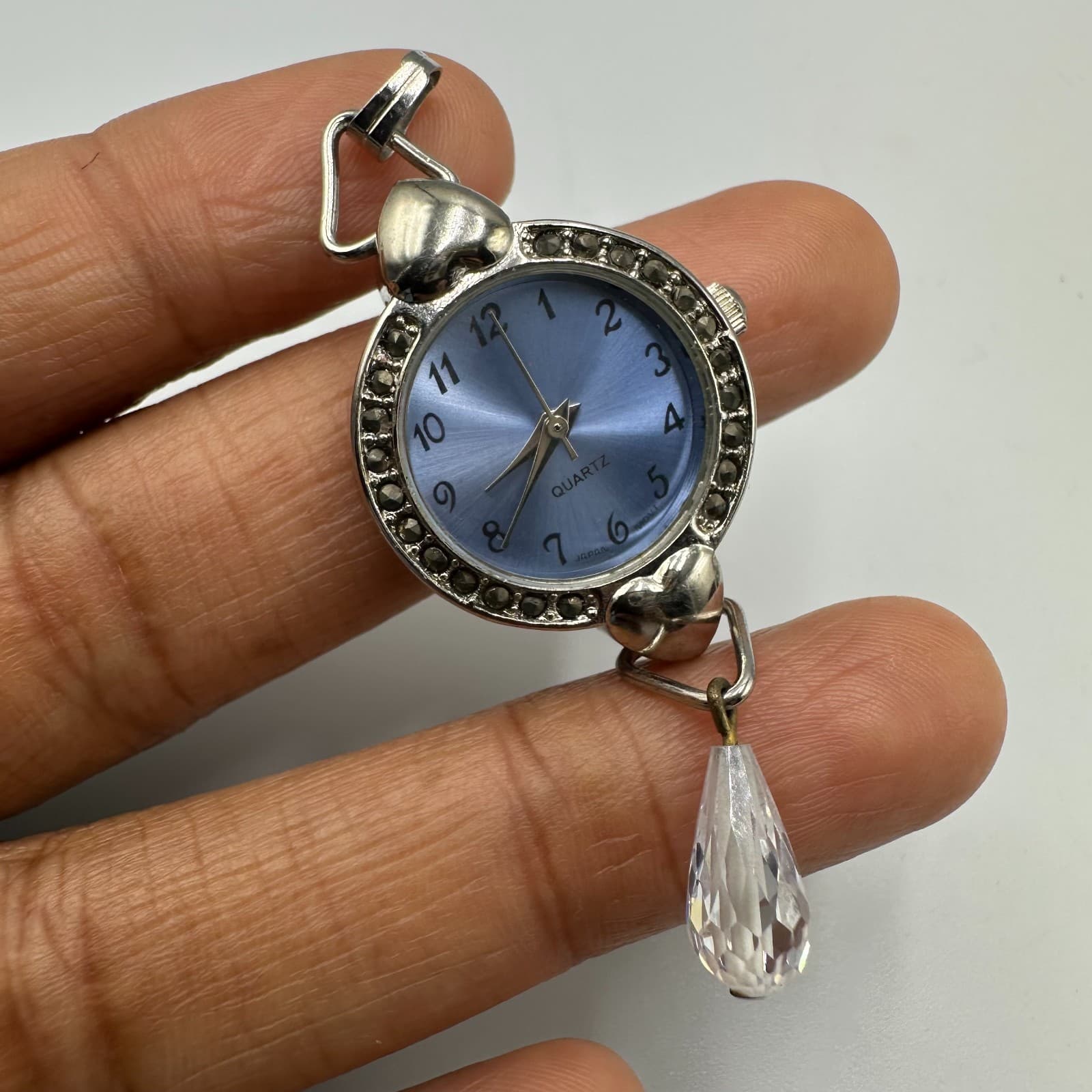 Watch Pendant Women Silver Tone Blue Dial Heart Accents Crystal Drop Works 2