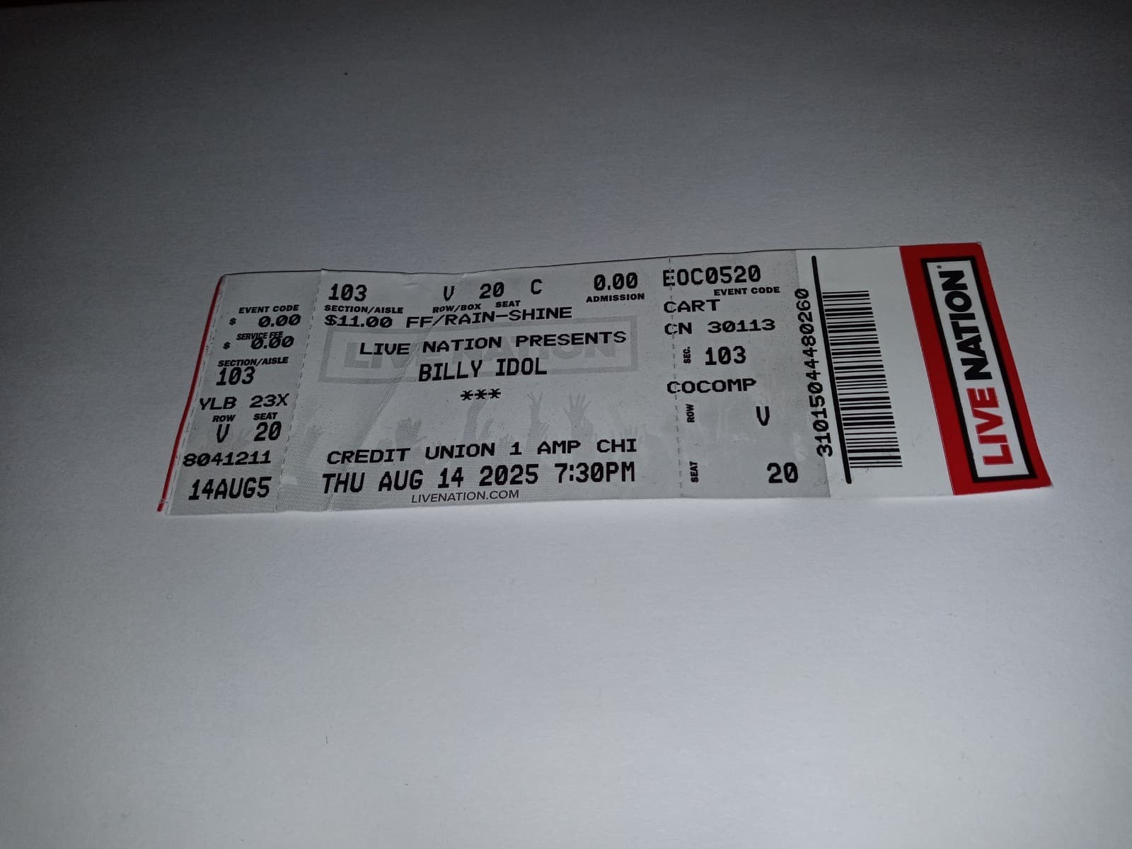 Billy Idol Joan Jett Chicago Tinley Park IL 8/14/2025 Concert Ticket Stub