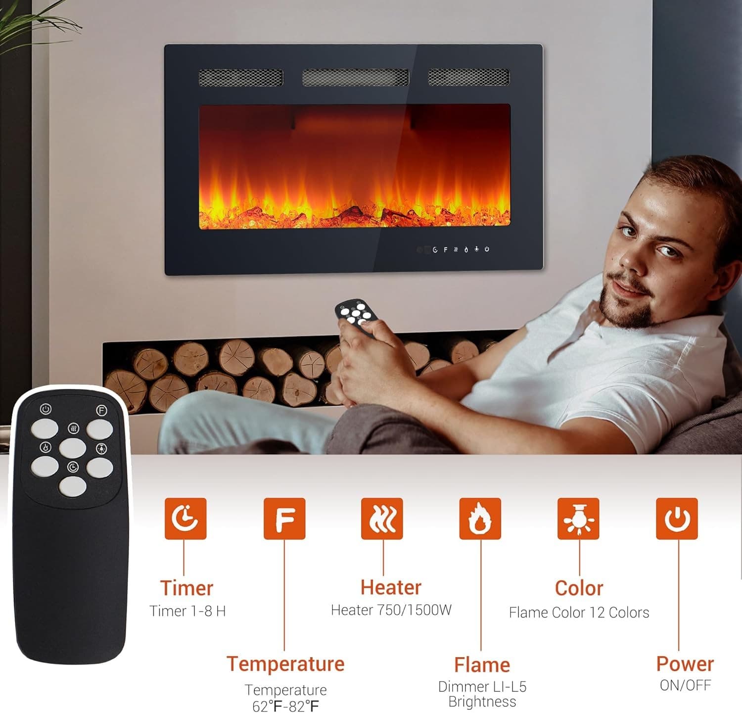 🔥 30" Electric Fireplace Insert Recessed & Wall Mounted Heater with Remote 3