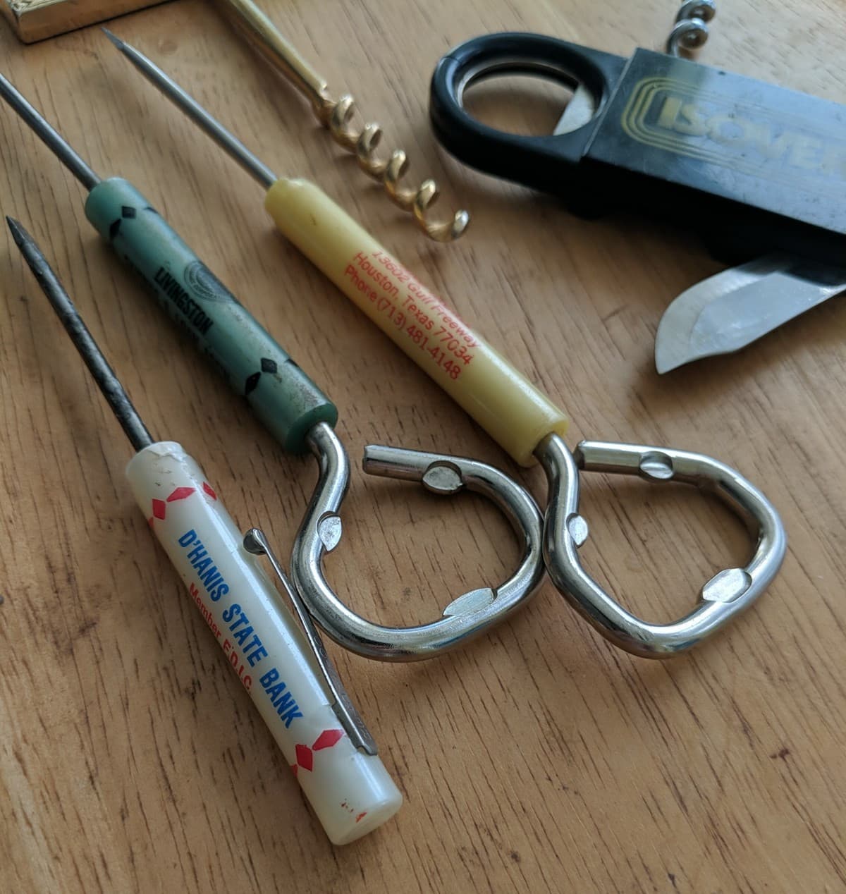 Corkscrew Bottle Opener Vtg Lot x6 Bar Multi Tool Advertising Promo Texas Corozo 2