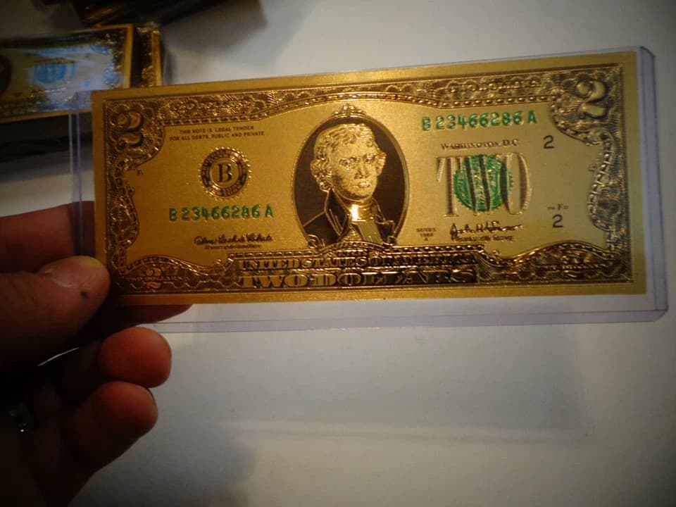 GOLD PLATED 2 DOLLAR USA  NOTE-GREEN SEAL-EACH IN RIGID PVC BILL HOLDER,NEW ITEM 2