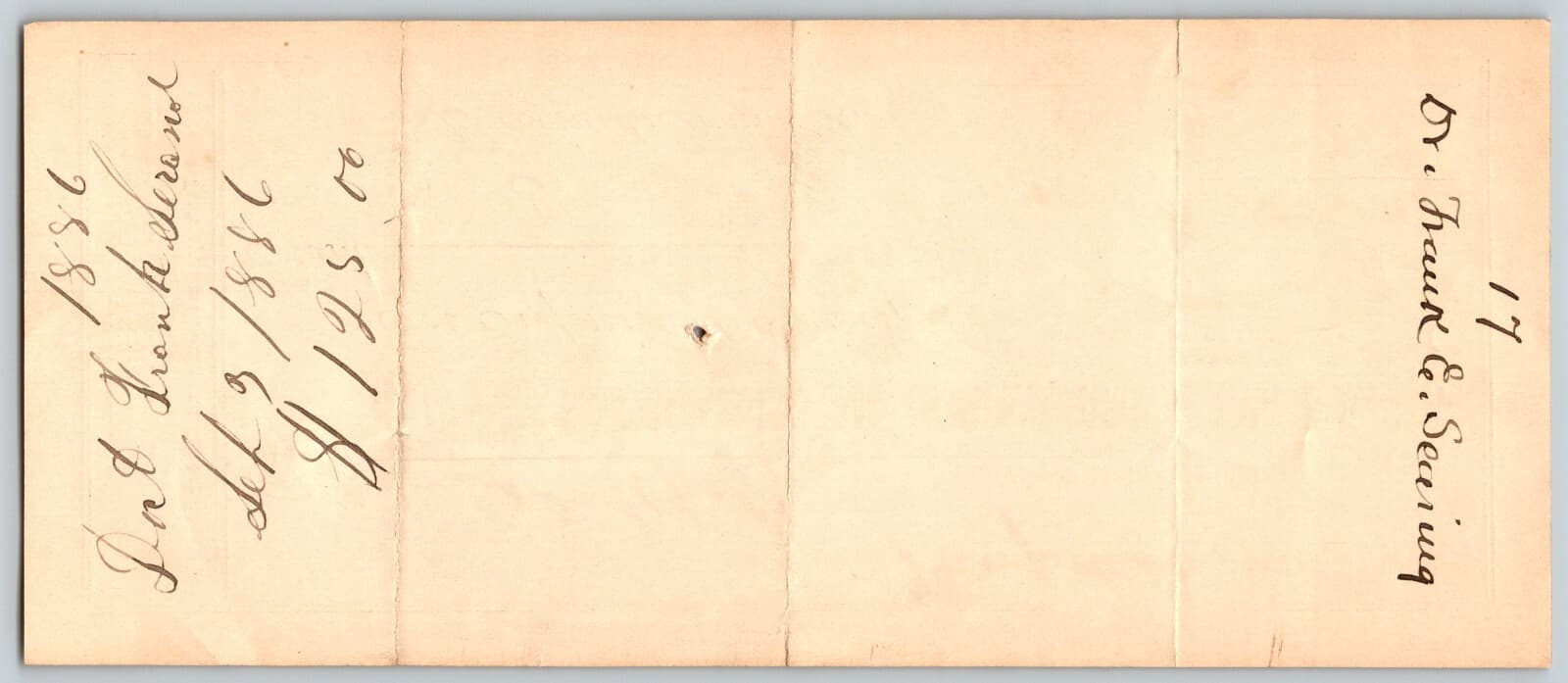 Frank E. Searing, M.D. Hempstead, L.I. NY 1886 Medical Receipt 2