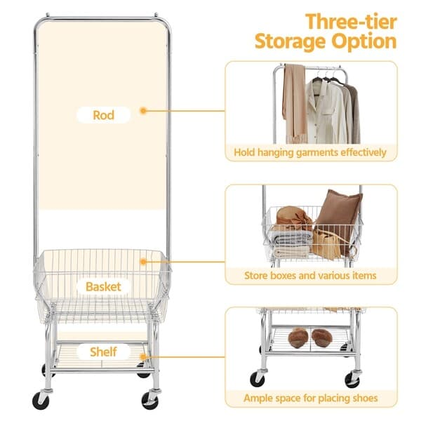 Heavy duty Garment Organizer Laundry Cart With Storage Basket Double Pole Rack 6