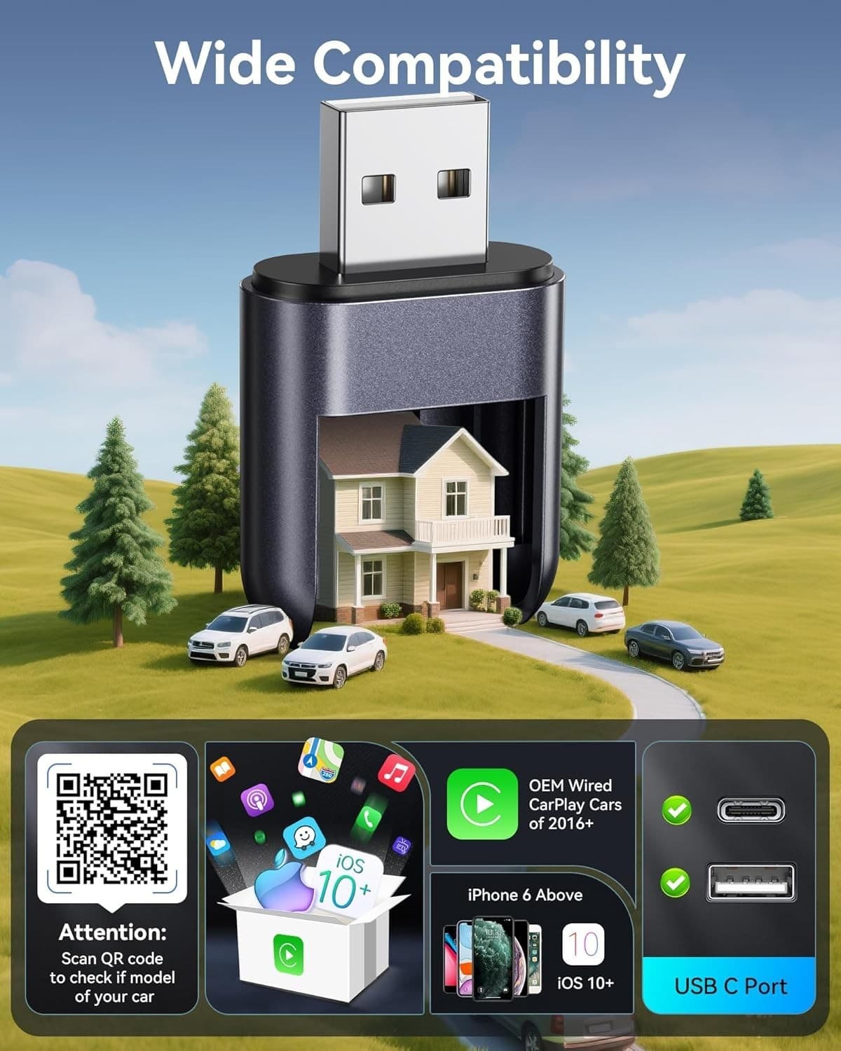 Wireless Carplay Adapter for iPhone, Ultra-Mini USB Design iOS 10+ & Cars 2016+ 6