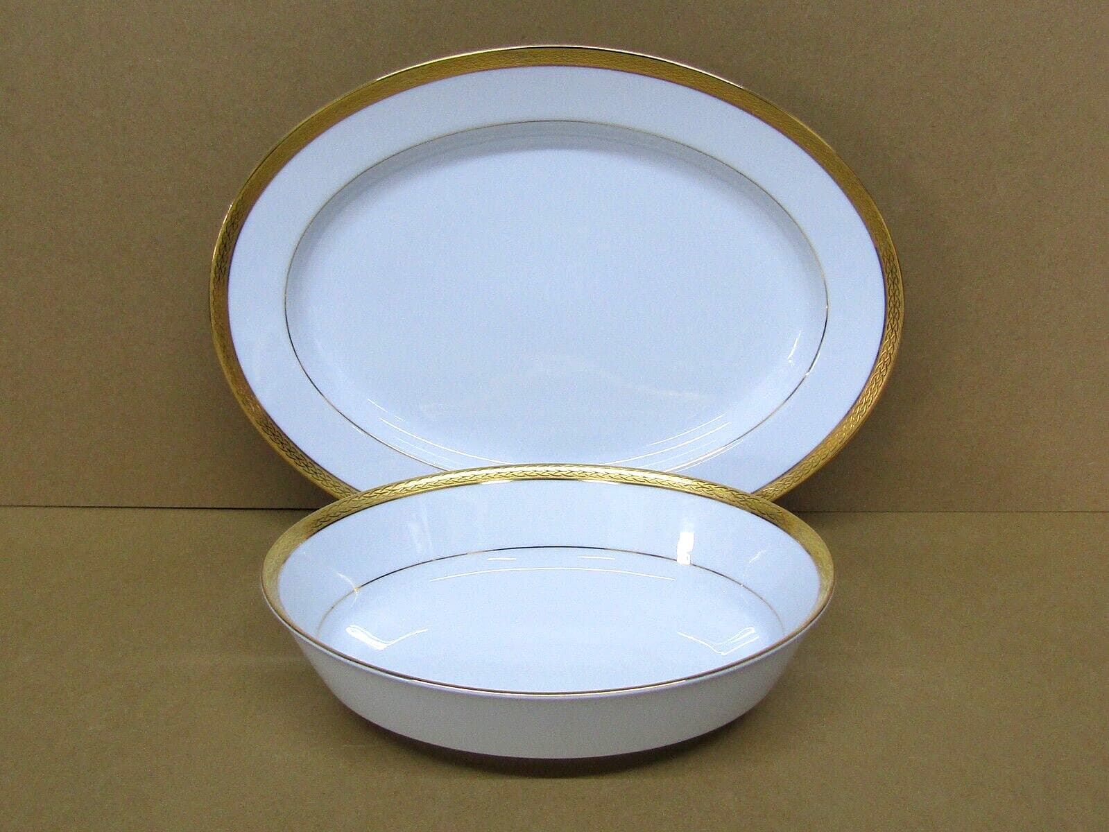 Noritake QUEEN'S GOLD 4285 Contemporary China Oval Serving Platter + Veg Bowl