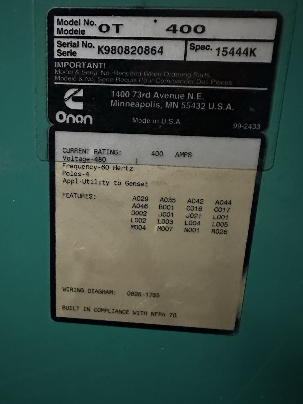 Onan,OT 400,Transfer Switch 480V 400Amp 60Hz 4 Pole 1 or 3 Phase 2