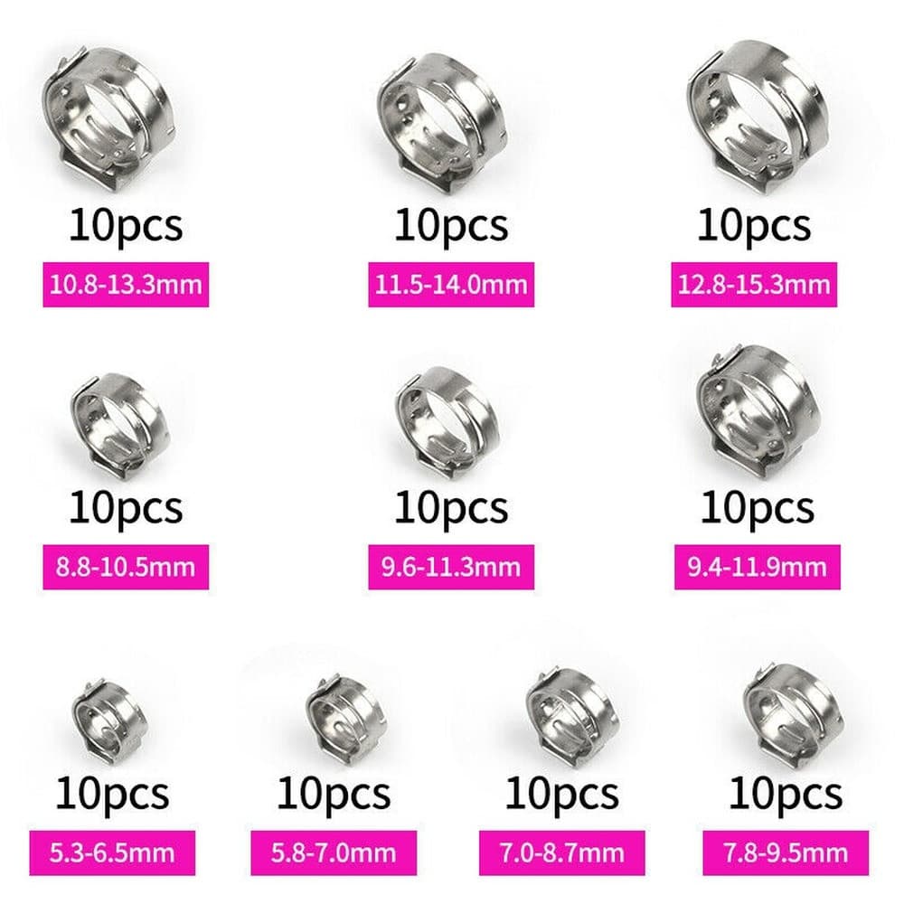100pcs Assorted Hose Clamps Stainless Steel Ear Cinch Rings Crimp Pinch Kit 2