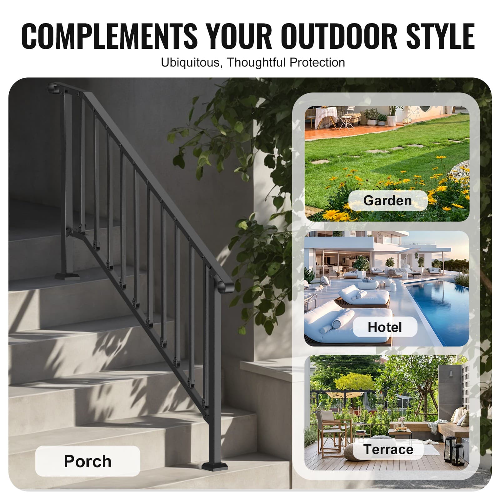 Uimoso 5 Steps Handrail Outdoor Stair Railing for Porch Deck Black Retro Arch 6