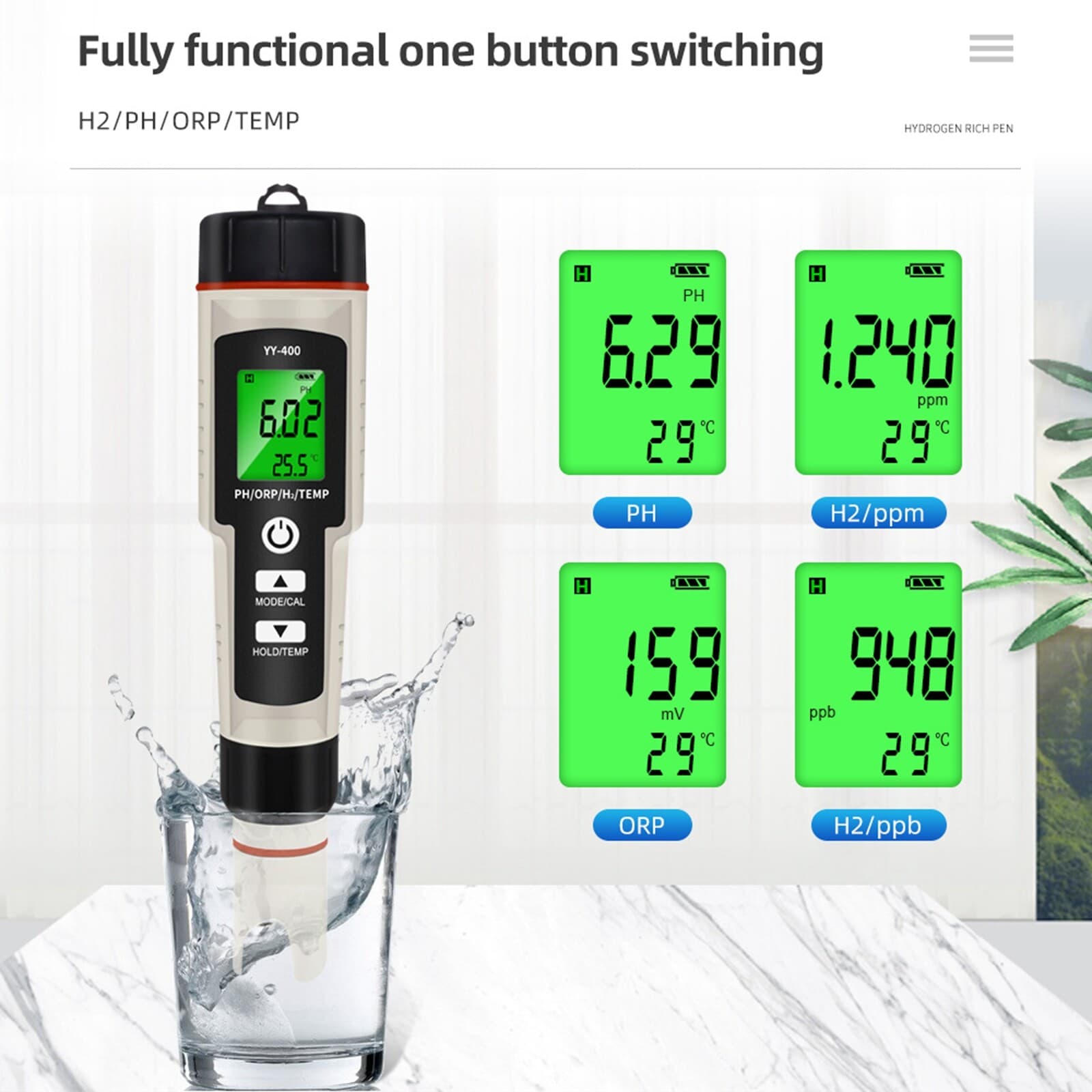 Portable 4 In 1 Hydrogen-Rich Test Pen PH/ORP/TEMP Water Quality Meter Tester US 6