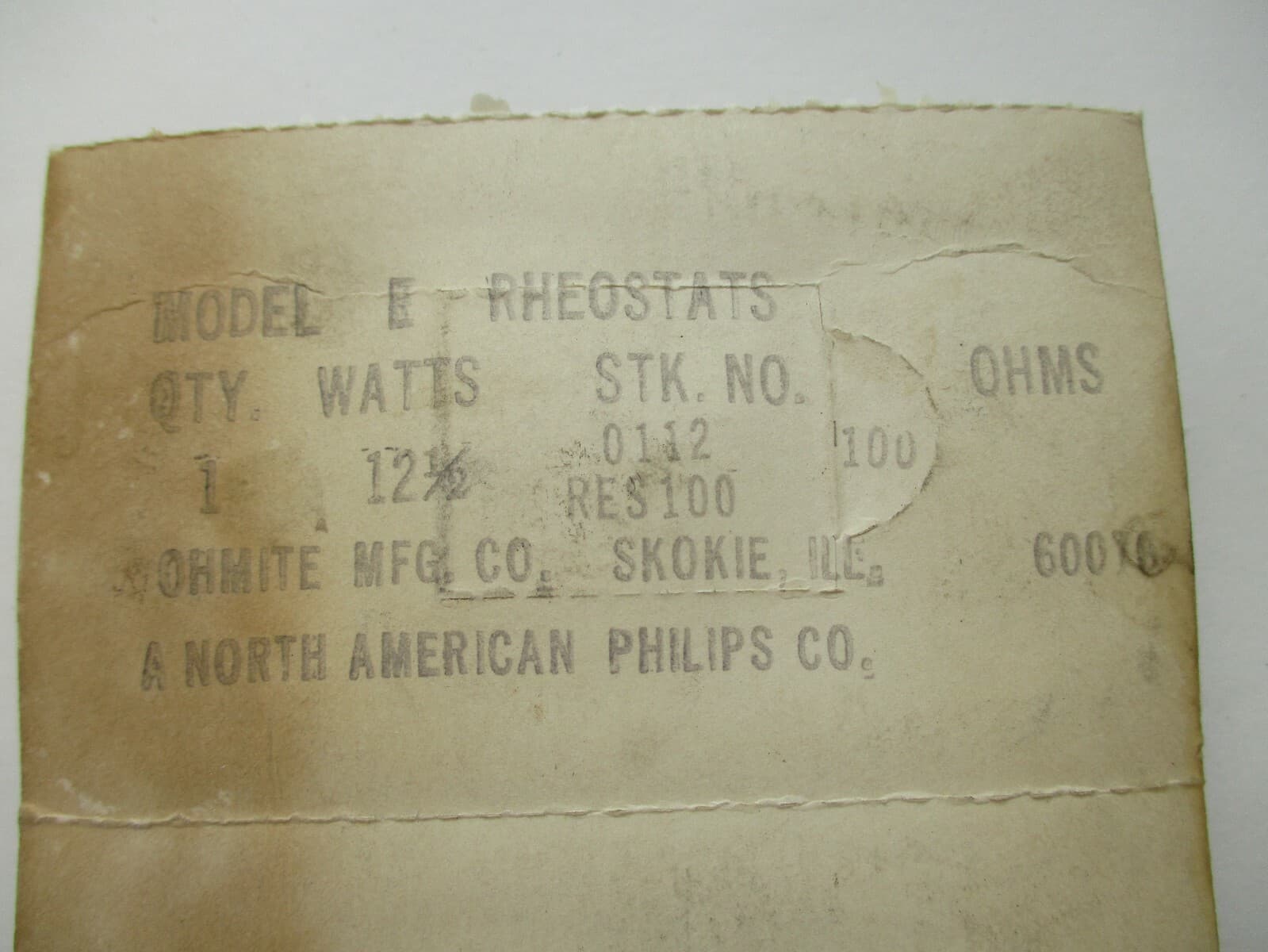 OHMITE RHEOSTAT MODEL E, 0112 12-1/2 WATTS 100 OHMS,  RES100 IN ORGINGAL PACKAGE 5