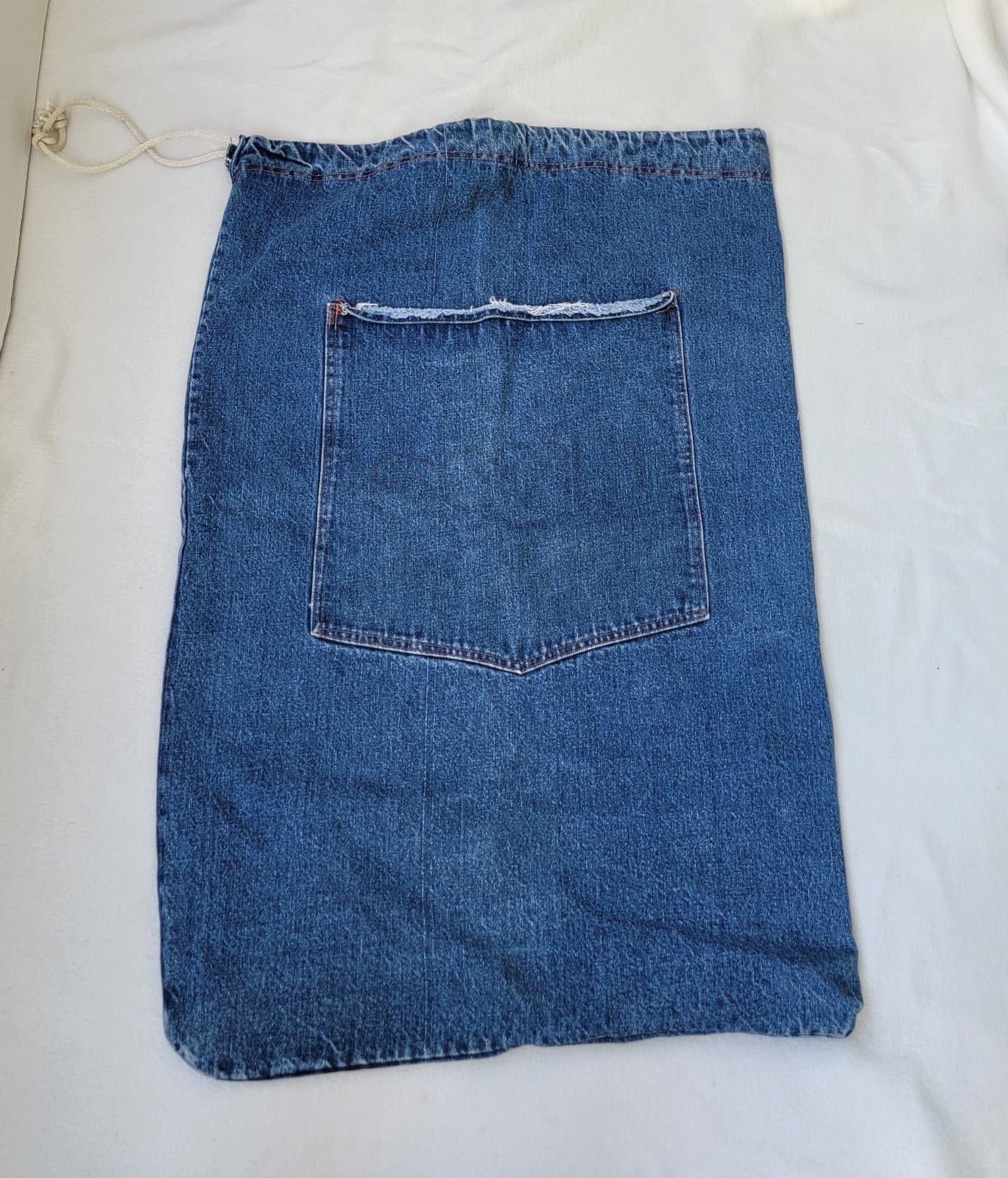 Blue Denim Heavy Large Sack Laundry Bag Drawstring Front Pocket 33"x 22" 2