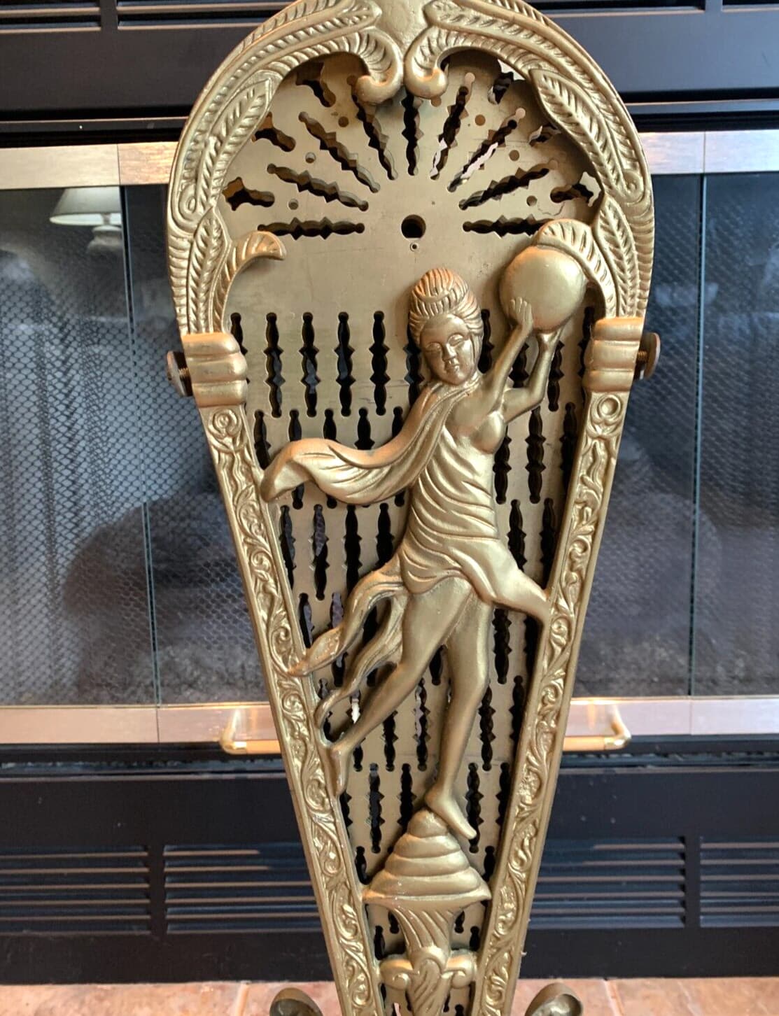 VINTAGE BRASS ART DECO LADY FIREPLACE SCREEN PEACOCK HEARTH FAN PATINA 48" WIDE 3