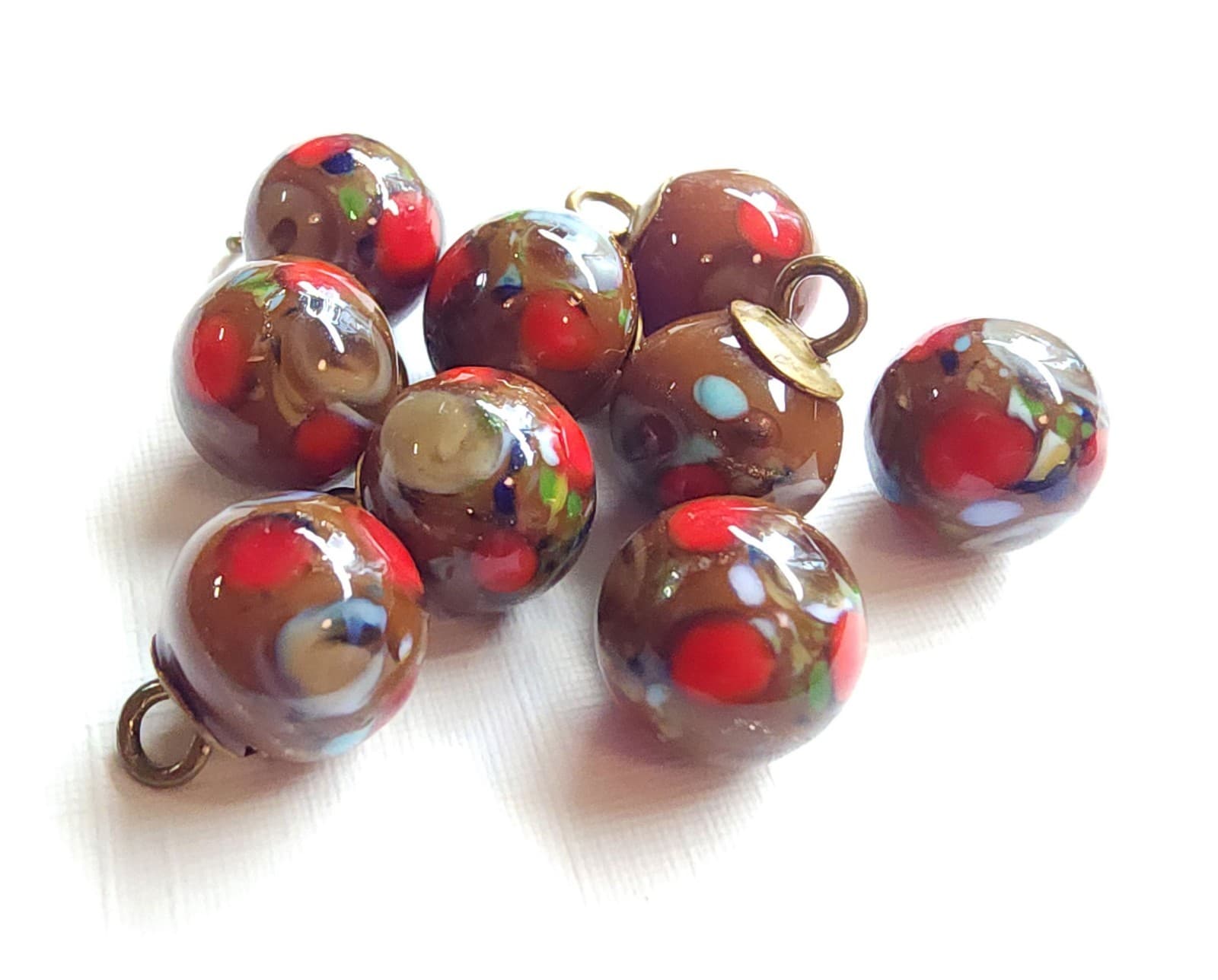 9 Antique Diminutive Brown Glass Ball Buttons w/ Colorful Inlays ~ under 3/8" 2