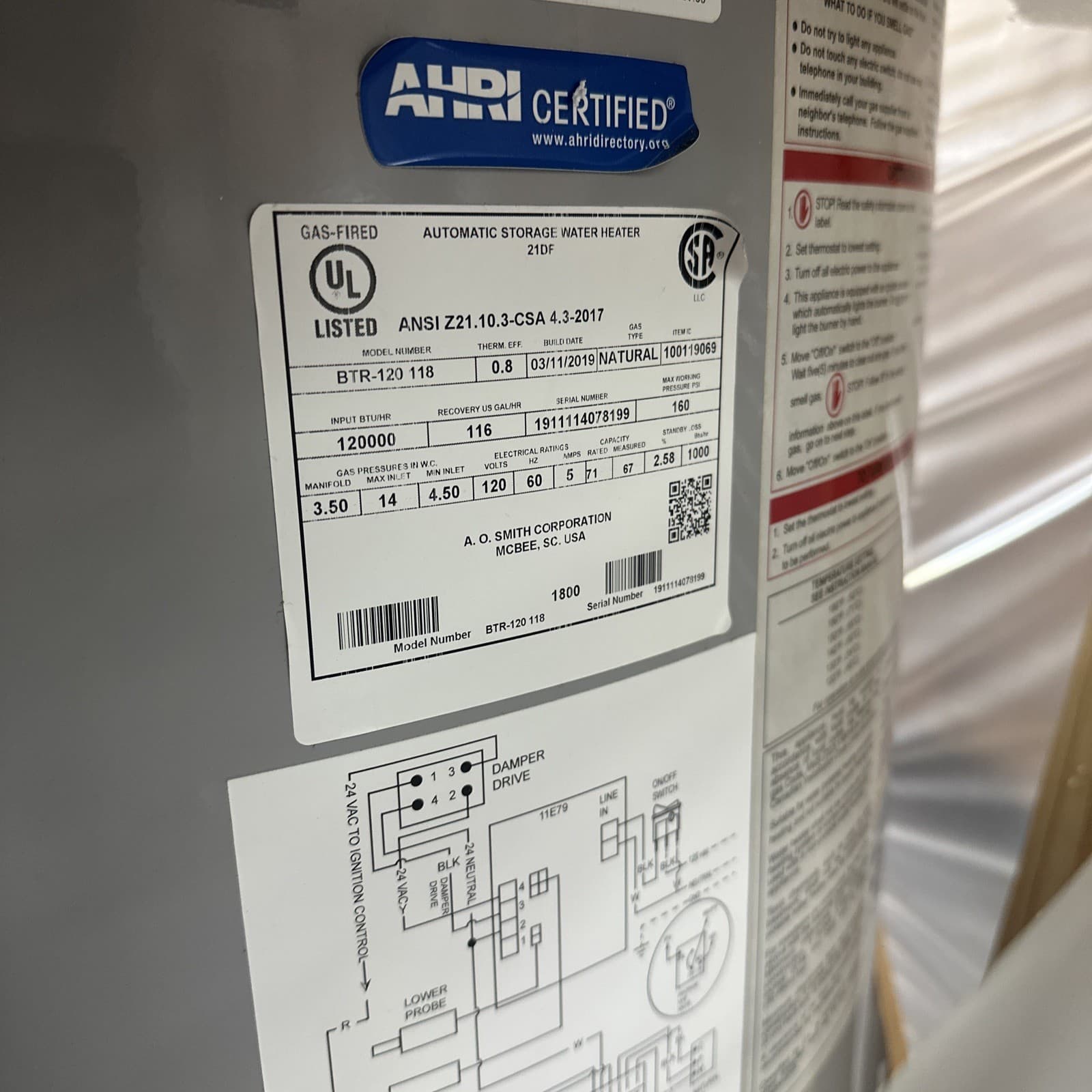 Year 2019 AO SMITH BTR-120 118 120K BTU NATURAL GAS WATER HEATER 71 Gallons 4