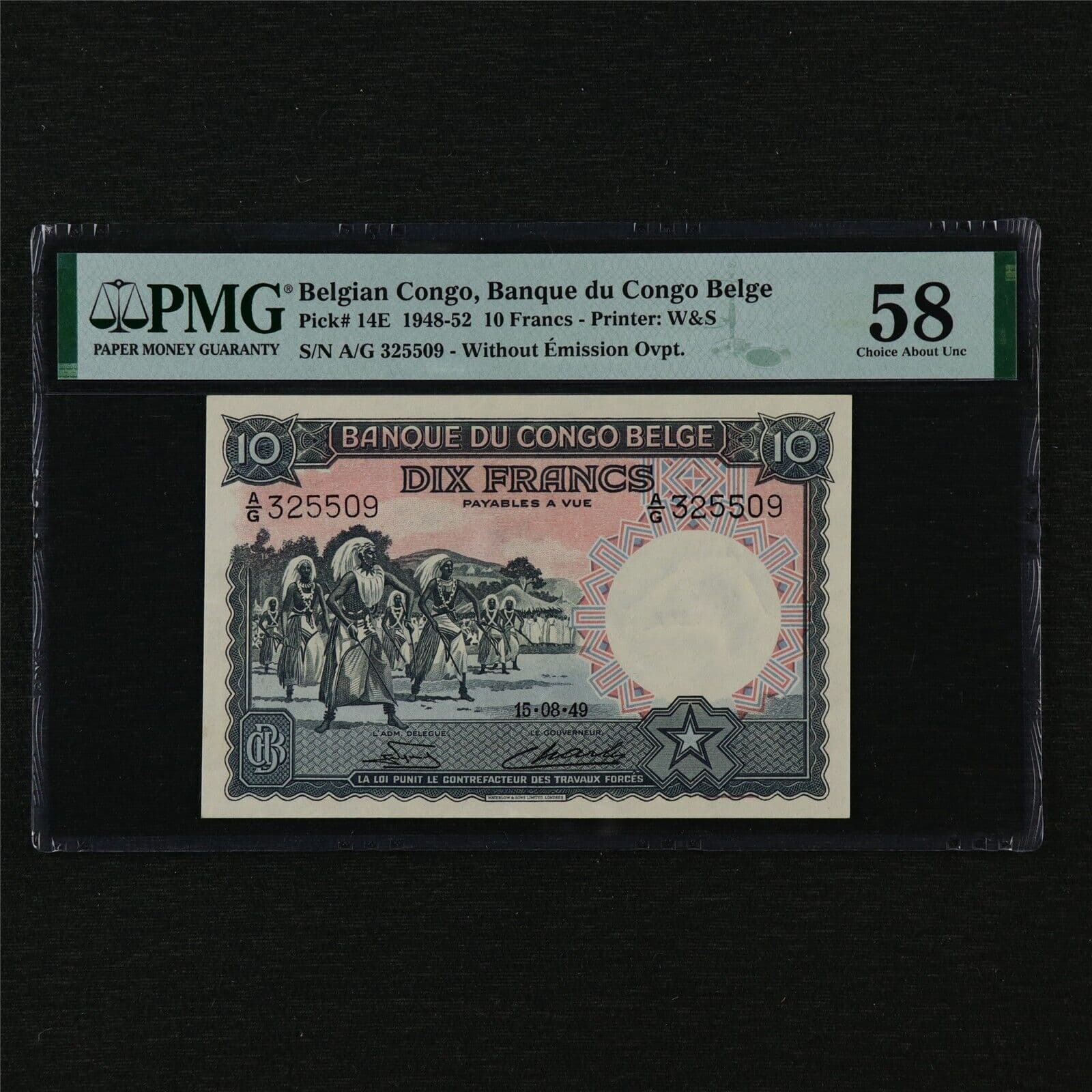 1948-52 Belgian Congo Banque du Congo Belge 10 Francs Pick#14E PMG 58 UNC