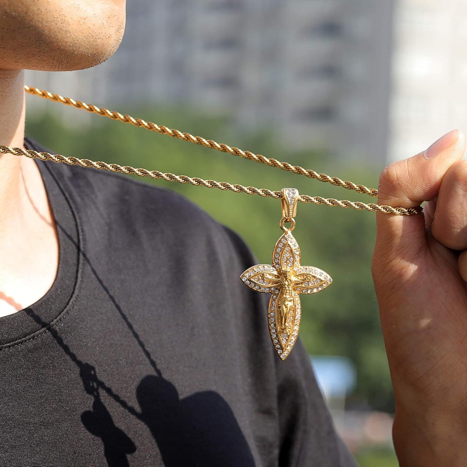 Mens Gold Iced Out Jesus Crucifix Cross Pendant Necklaces for Men & Women, Stain 3