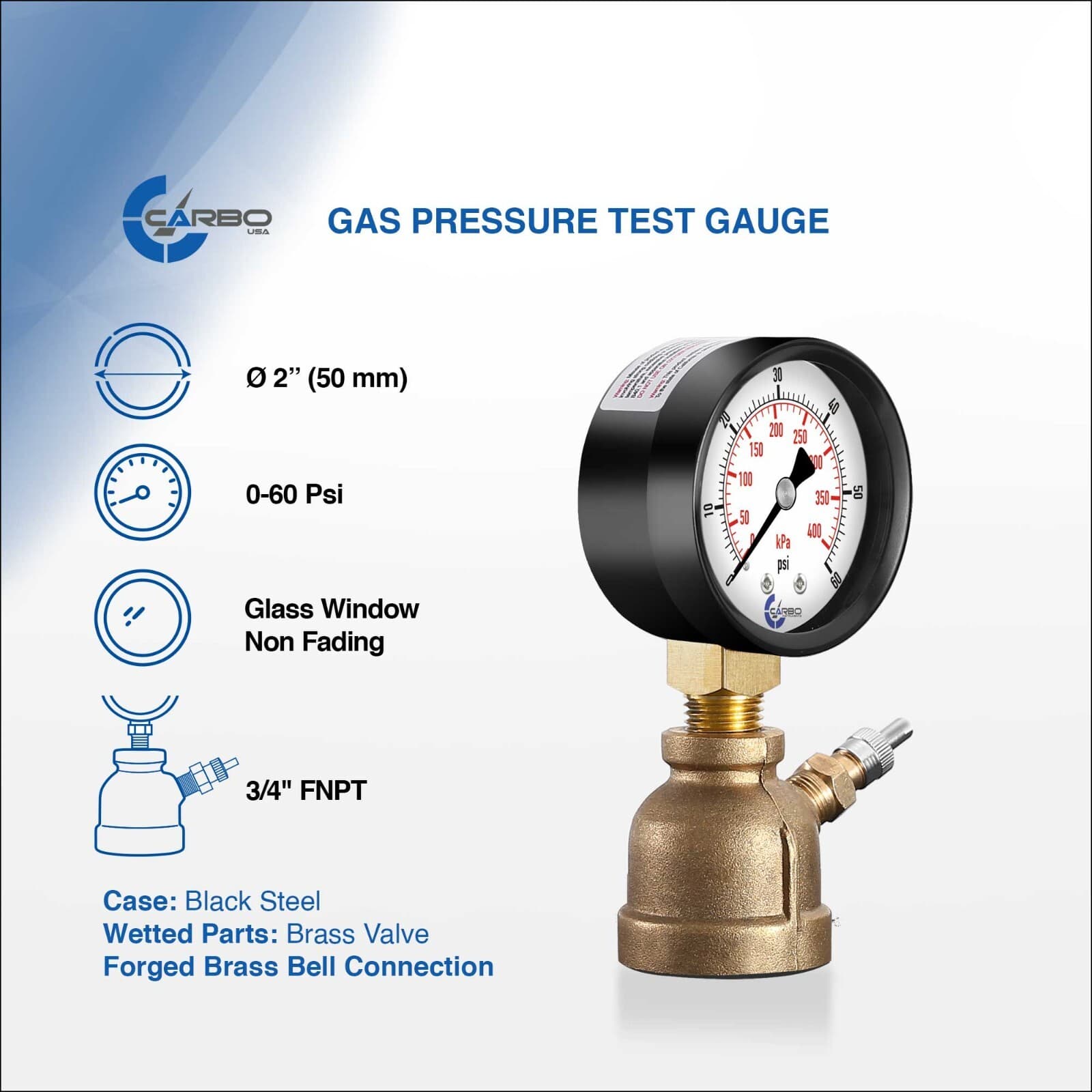 Gas Test Pressure Gauge 60 Pound, 60 PSI/400 kPa 3/4” FNPT Brass Bell Shape Body 2