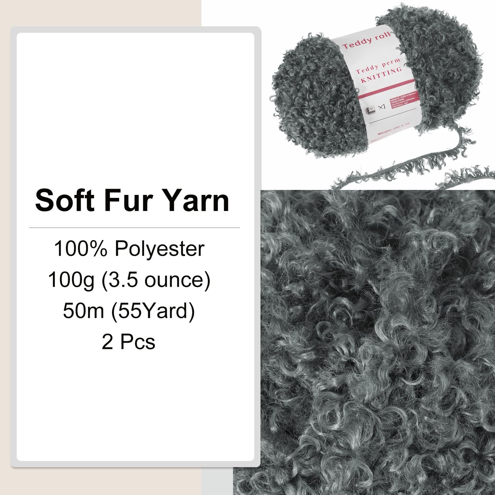 2pcs Fur Yarn Polyester Yarn Fluffy Chunky Yarn Dark Gray for Crocheting,50m 3