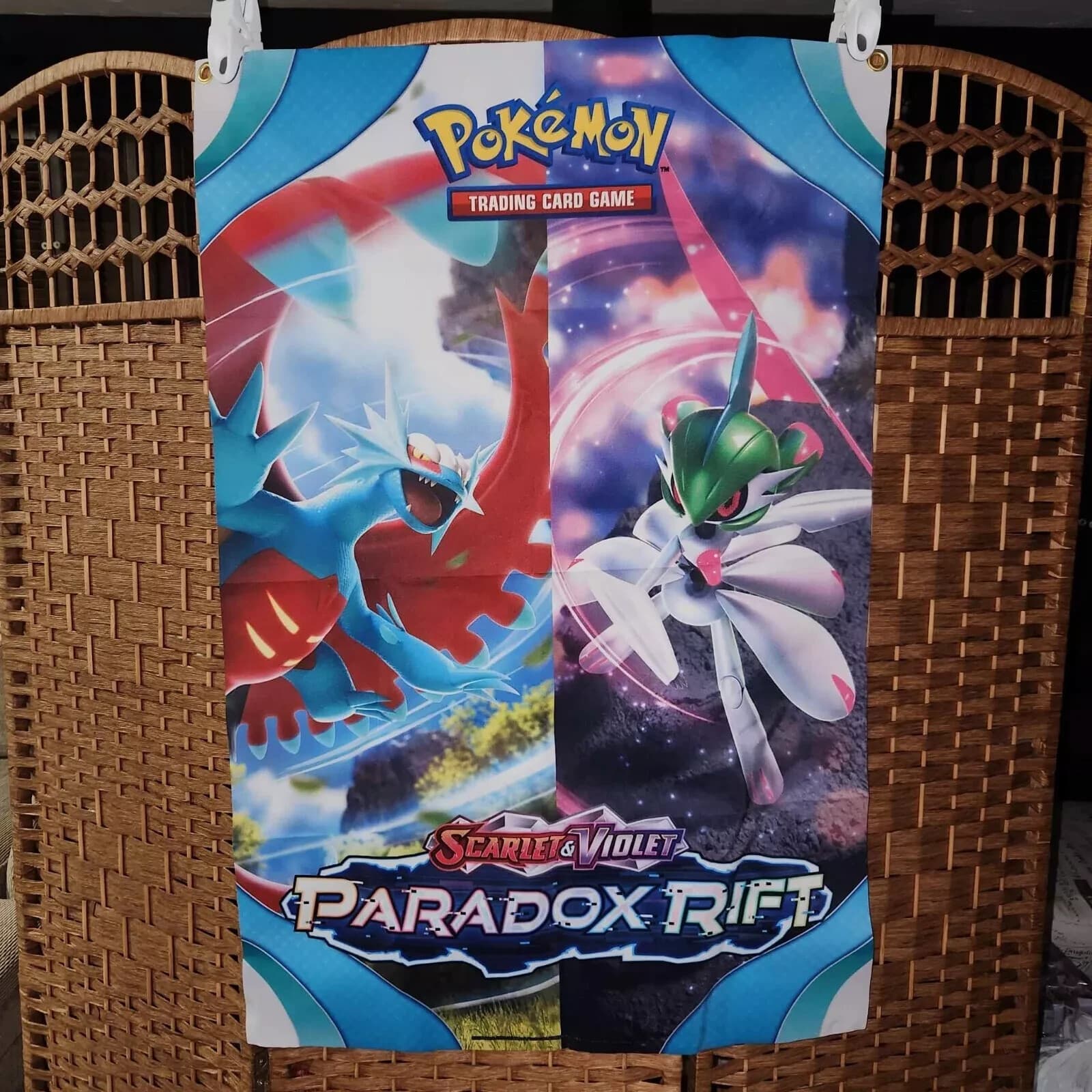 Pokemon Paradox Rift Promotional Fabric Banner 24"x36" Iron Valiant Roaring Moon 2