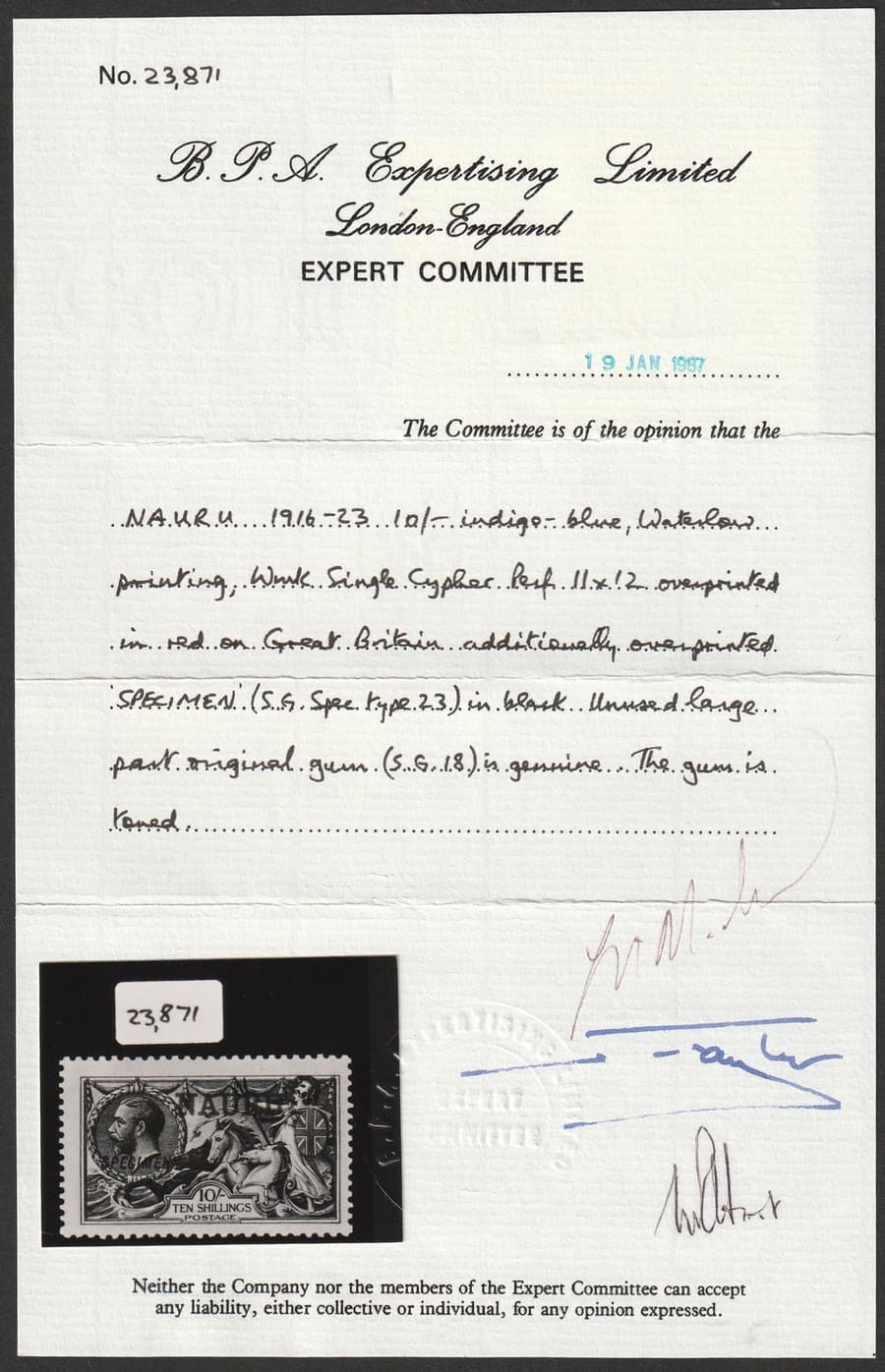 NAURU 1916 KGV Seahorses 10/-, Waterlow printing, SPECIMEN. with Certificate. 2