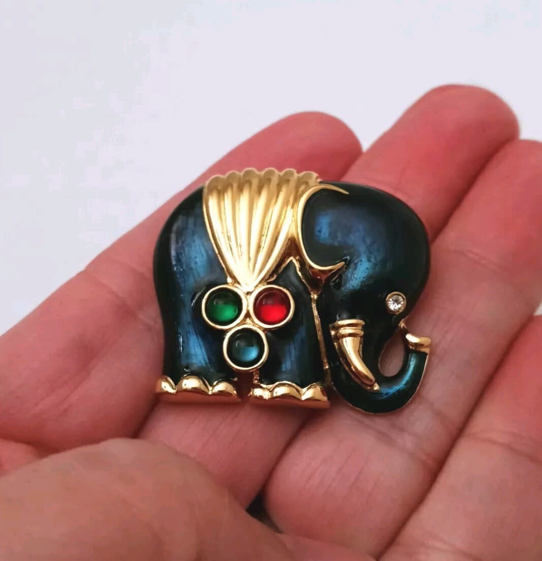 Vintage Enameled Elephant Brooch Faux Jewels Pin Teal Blue Gold Tone 1.25 Inch 2