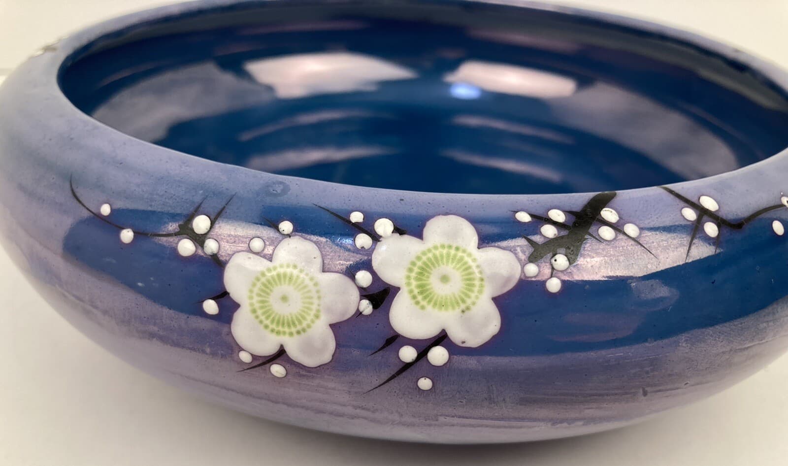 Japanese Shallow Pottery Bowl Blue Opalescent No Chips Flowers 8.5"AcrossX2.5" 2
