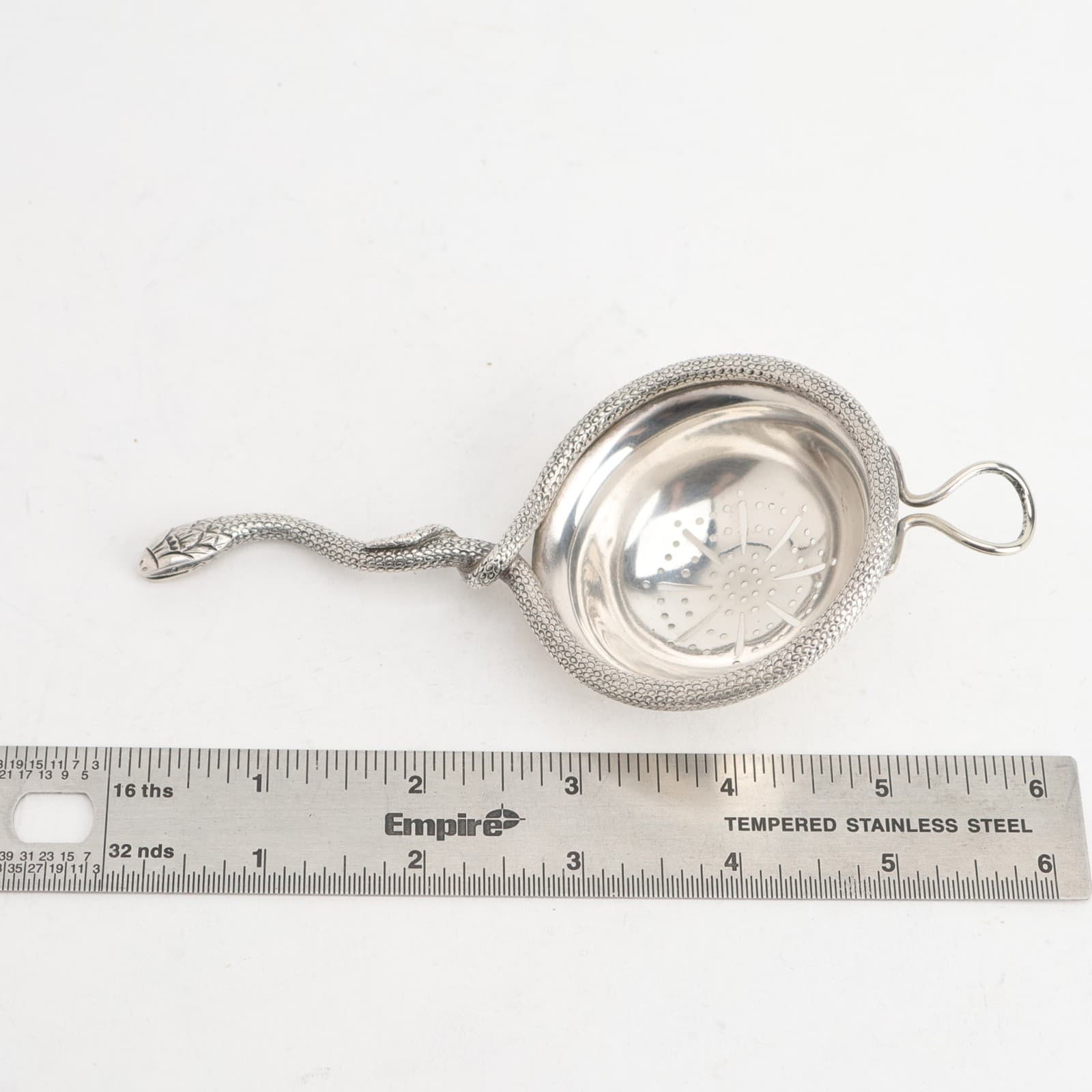 Indian Silver 5 3/4" Tea Strainer w/ Figural Snake Handle 2.04ozt No Monogram 3
