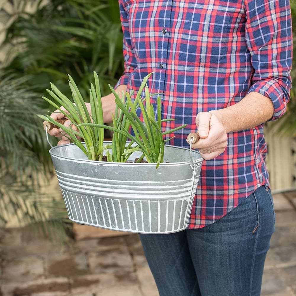 14" Galvanized Basin Tub - Oval with White Wash Design, Handles and Drain Holes 2