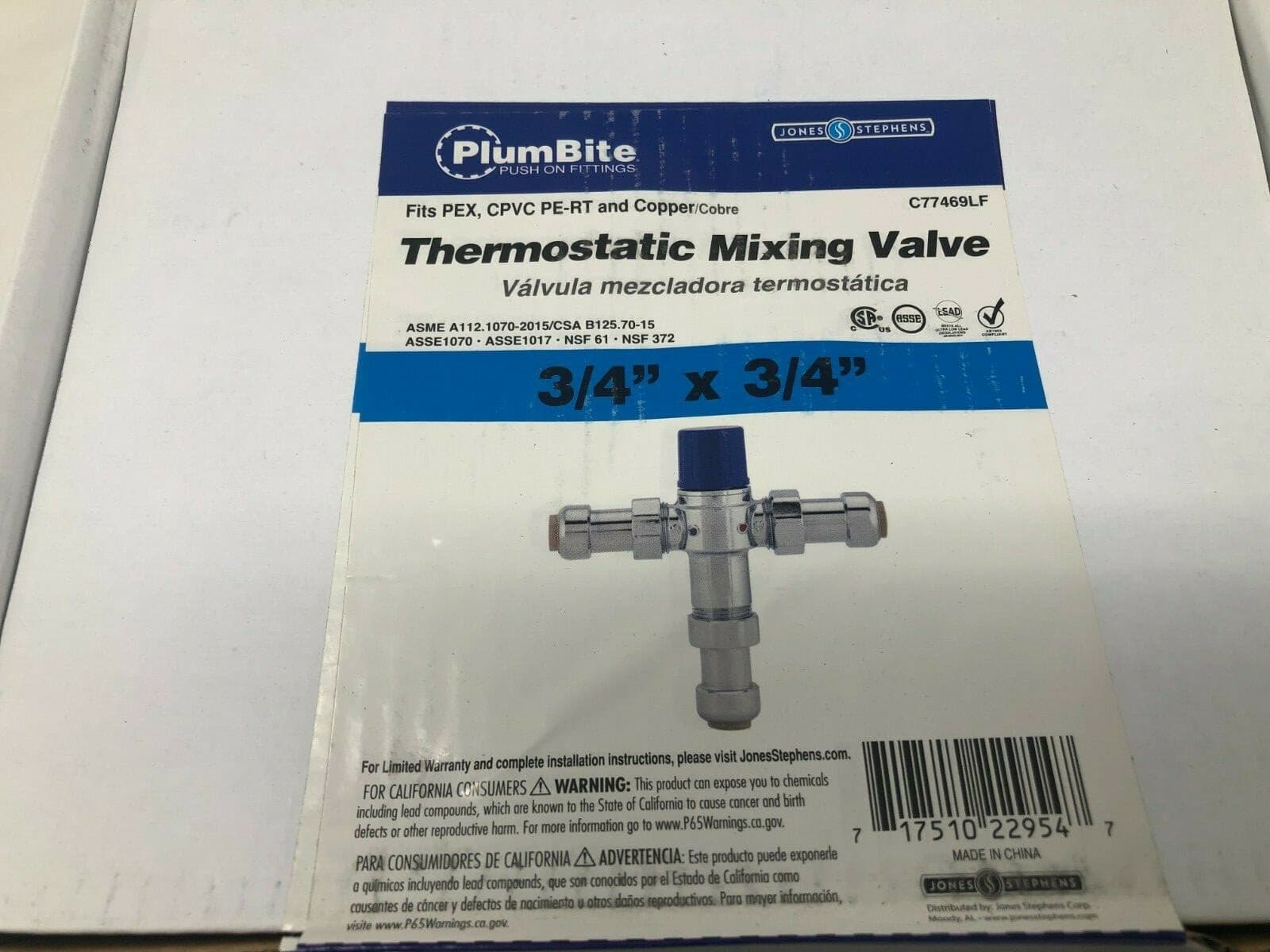 Jones Stephens C77469LF Plumbite 3/4" x 3/4" Push On Thermostatic Mixing Valve 2