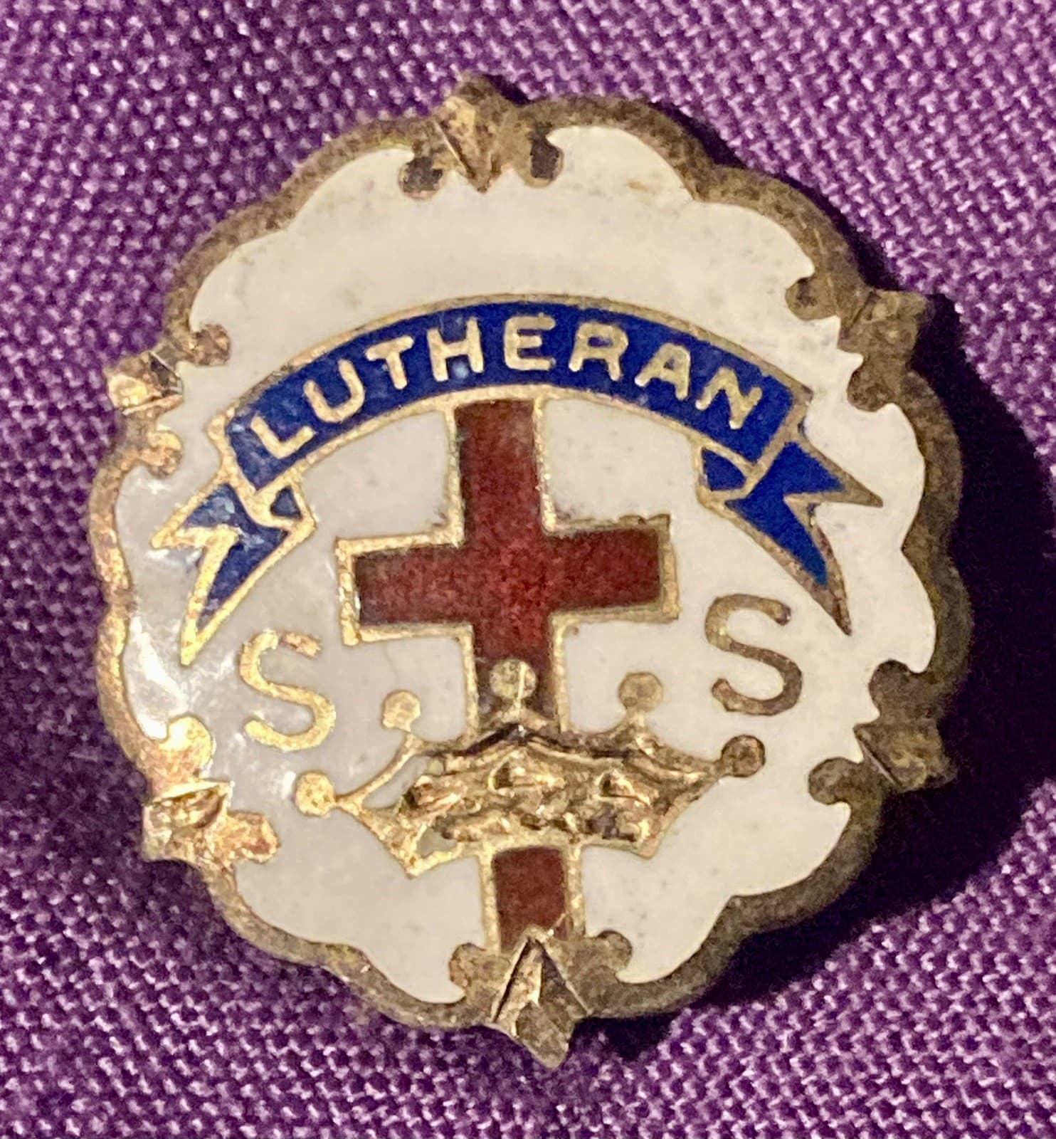 Robbins Co Cross Crown Enamel Lutheran Sunday School Pin Brooch Sterling