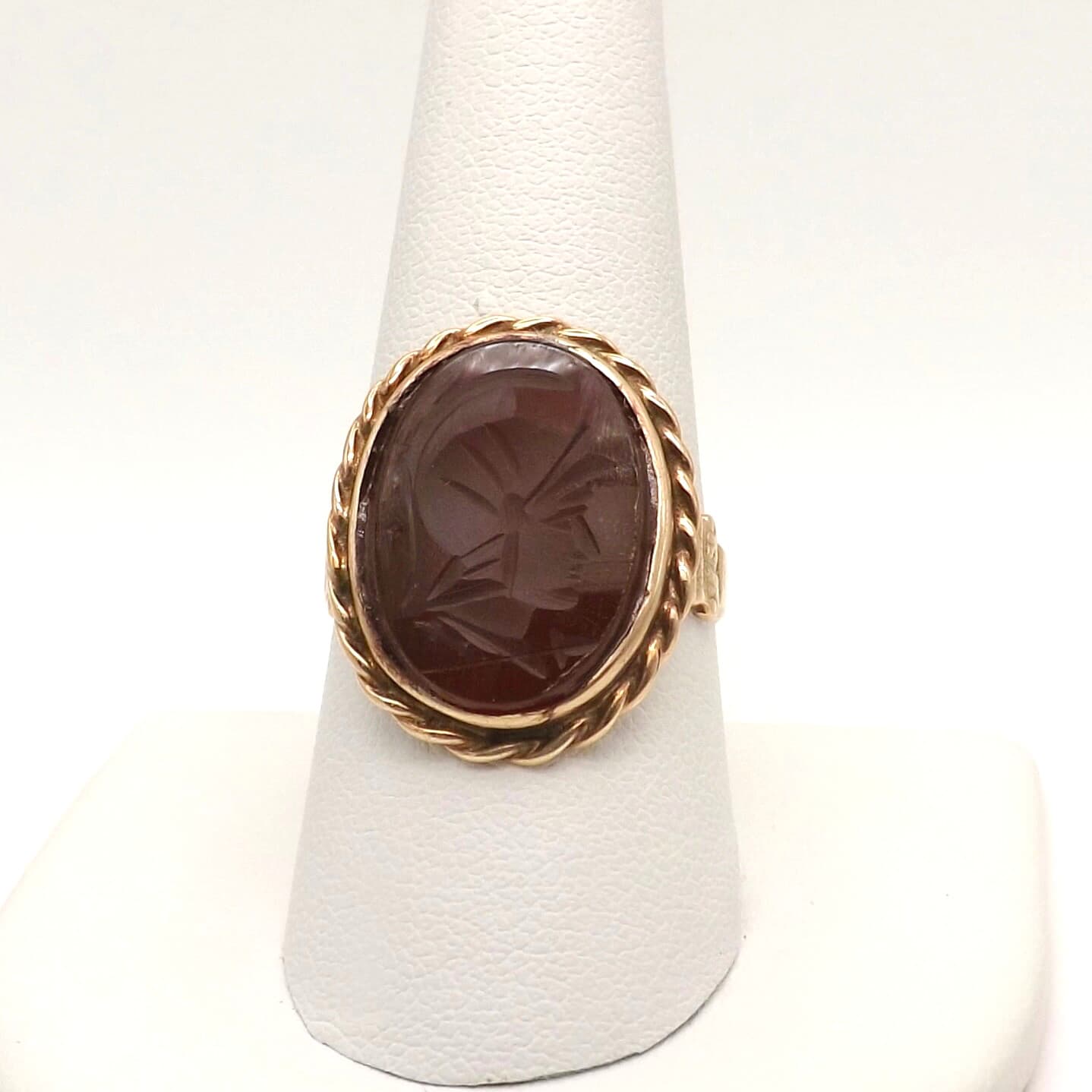 14k Gold Carved Carnelian Soldier Warrior Intaglio Ring Victorian Setting sz9 2