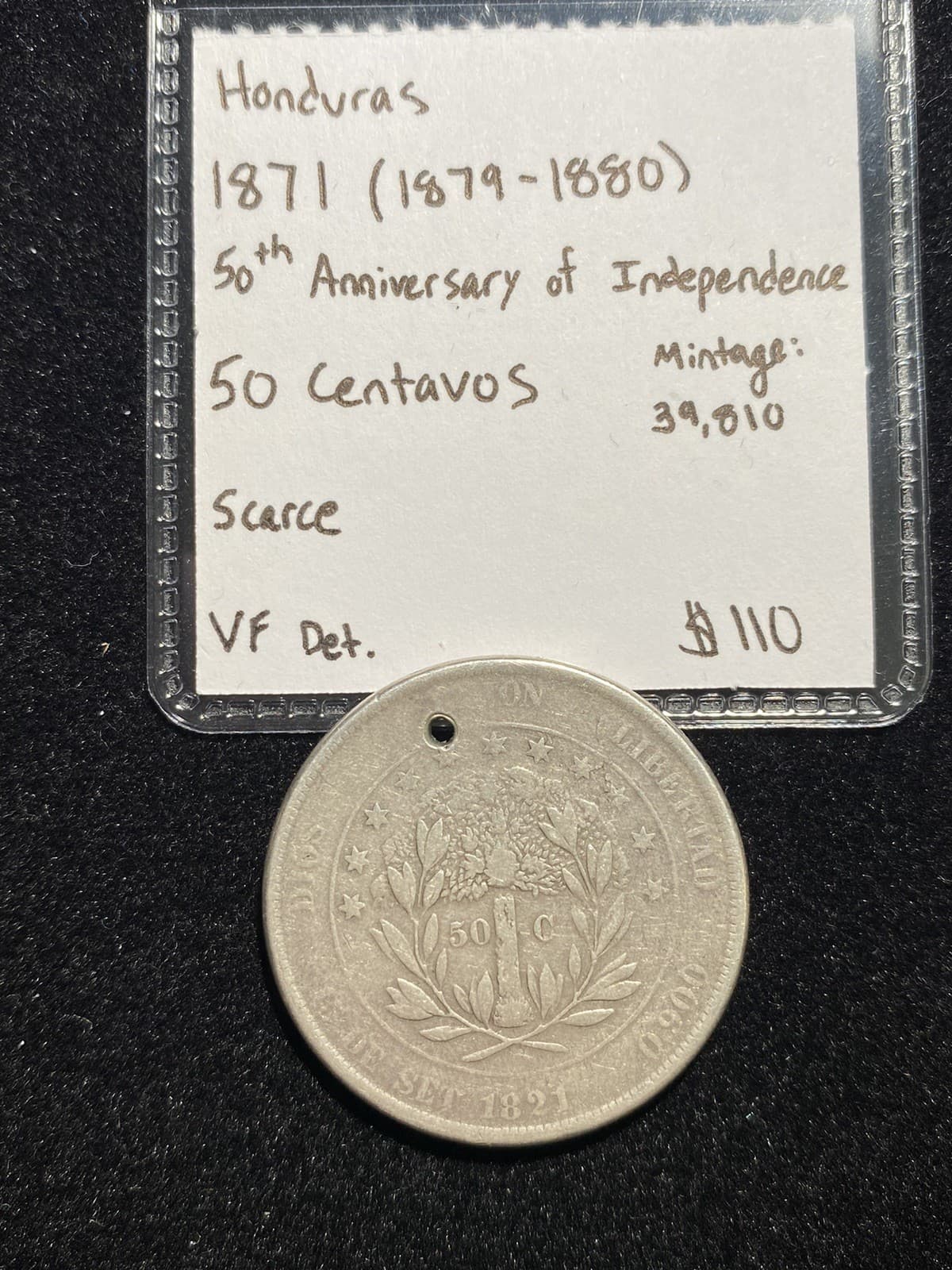 Scarce 1871 (1880) Honduras SILVER 50 Centavos (50th Anniversary Commemorative) 2