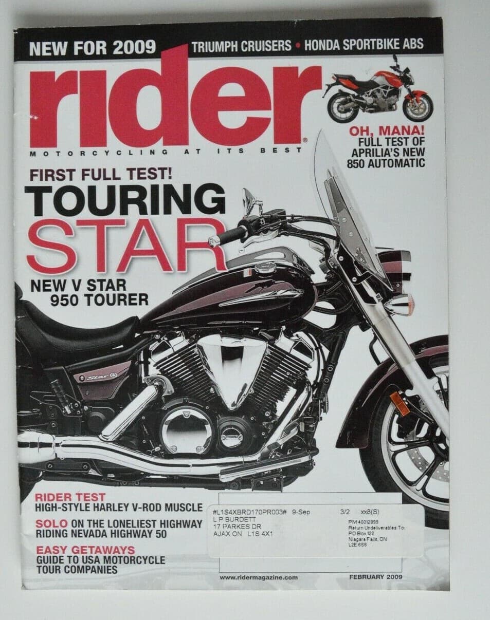 RIDER February 2009 Honda Sportbike ABS Harley V-Rod Muscle Yamaha V Star 950